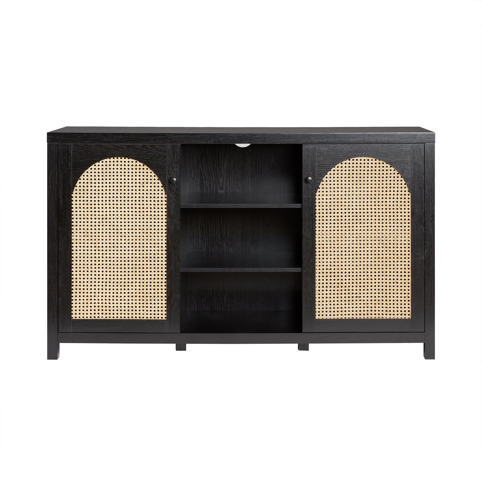 Transitional 58" 2 Door Sideboard With Arched Rattan Panels, Black Black Mdf Mdf