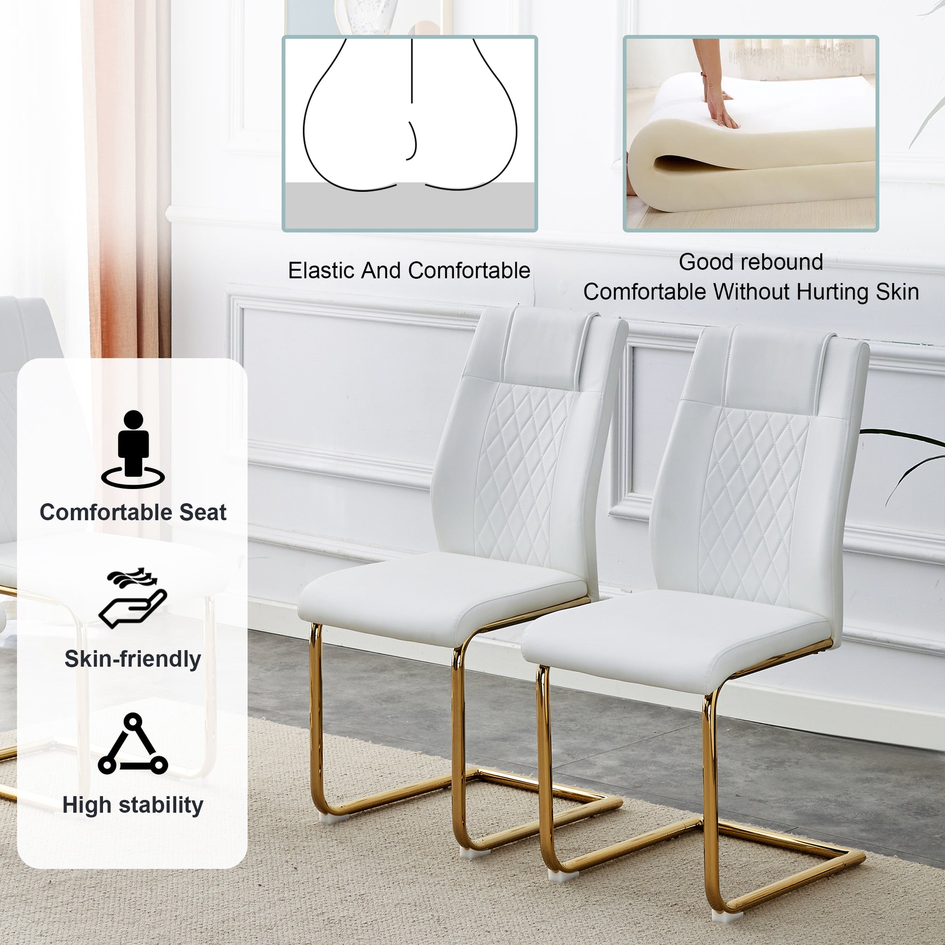 Table And Chair Set.Modern Rectangular Dining Table With Transparent Tempered Glass Tabletop And Gold Plated Metal Legs.Paried With 8 Comfortable Chairs With Pu Seats And Golden Metal Legs. Transparent,White Gold Seats 8 Glass Metal