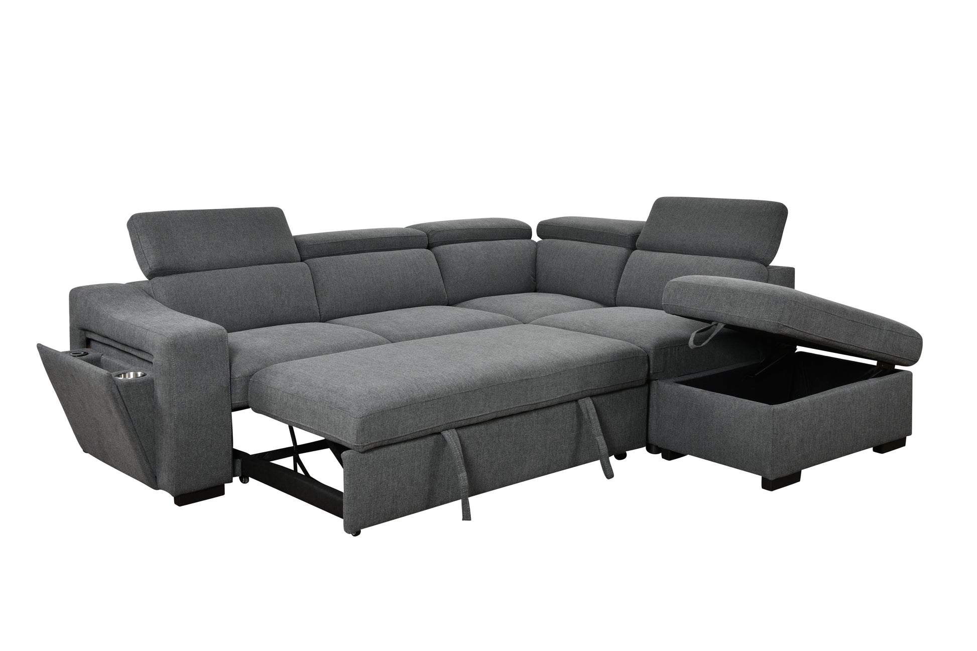 105"L Shape Sectional Sofa With Pull Out Bed And Ottoman Storage Space, Convertible Sleeper Couch, Arm With 1 Cup Holders And Wirelessly Charged, For Living Room, Apartment, Dark Gray Light Brown