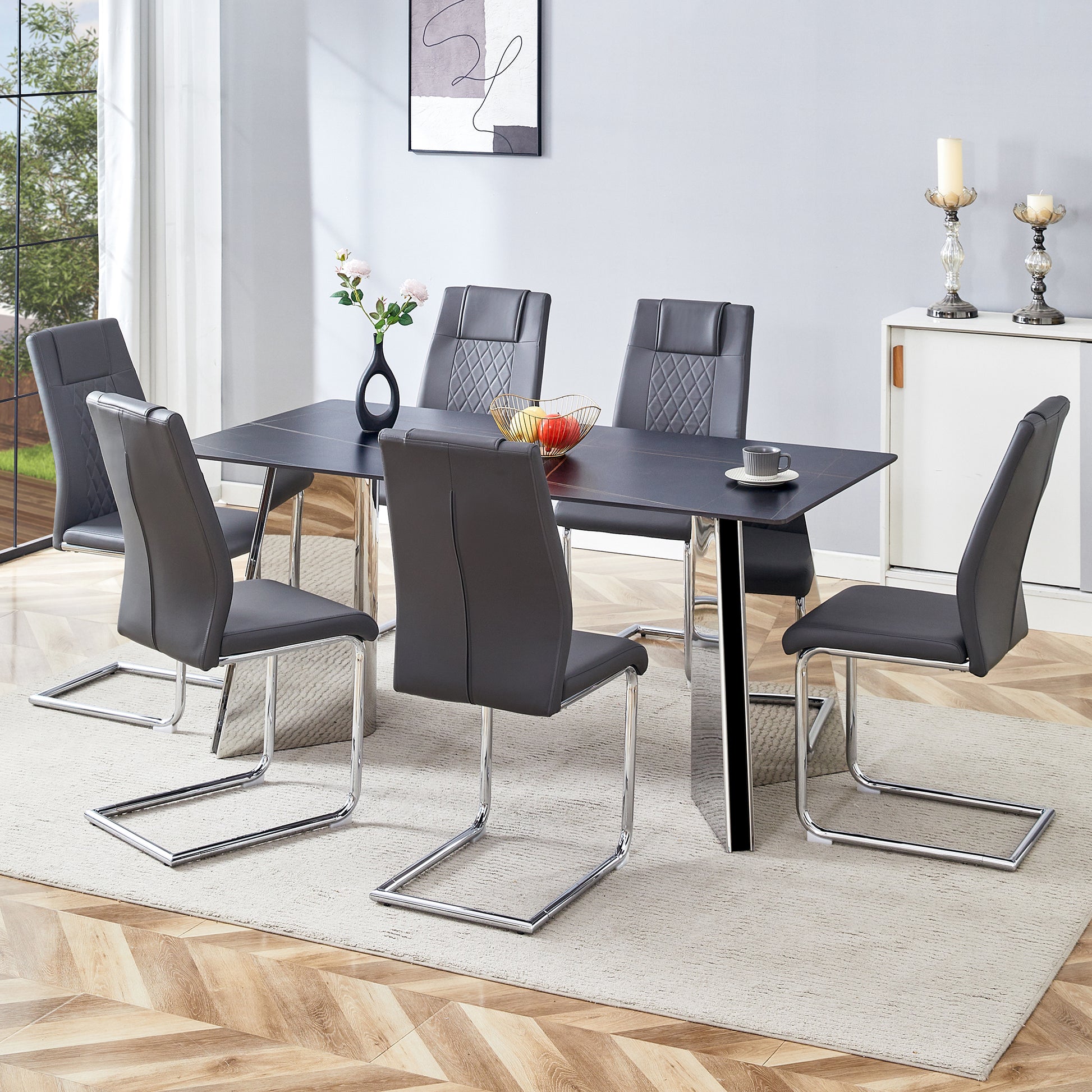 Table And Chair Set.63"X31.5X30" Black Marble Patterned Slabs Tabletop With Stainless Steel Butterfly Legs.Paried With 6 Dark Gray High Quality Pu Chairs With Silver Metal Legs. Dark Gray,Silver