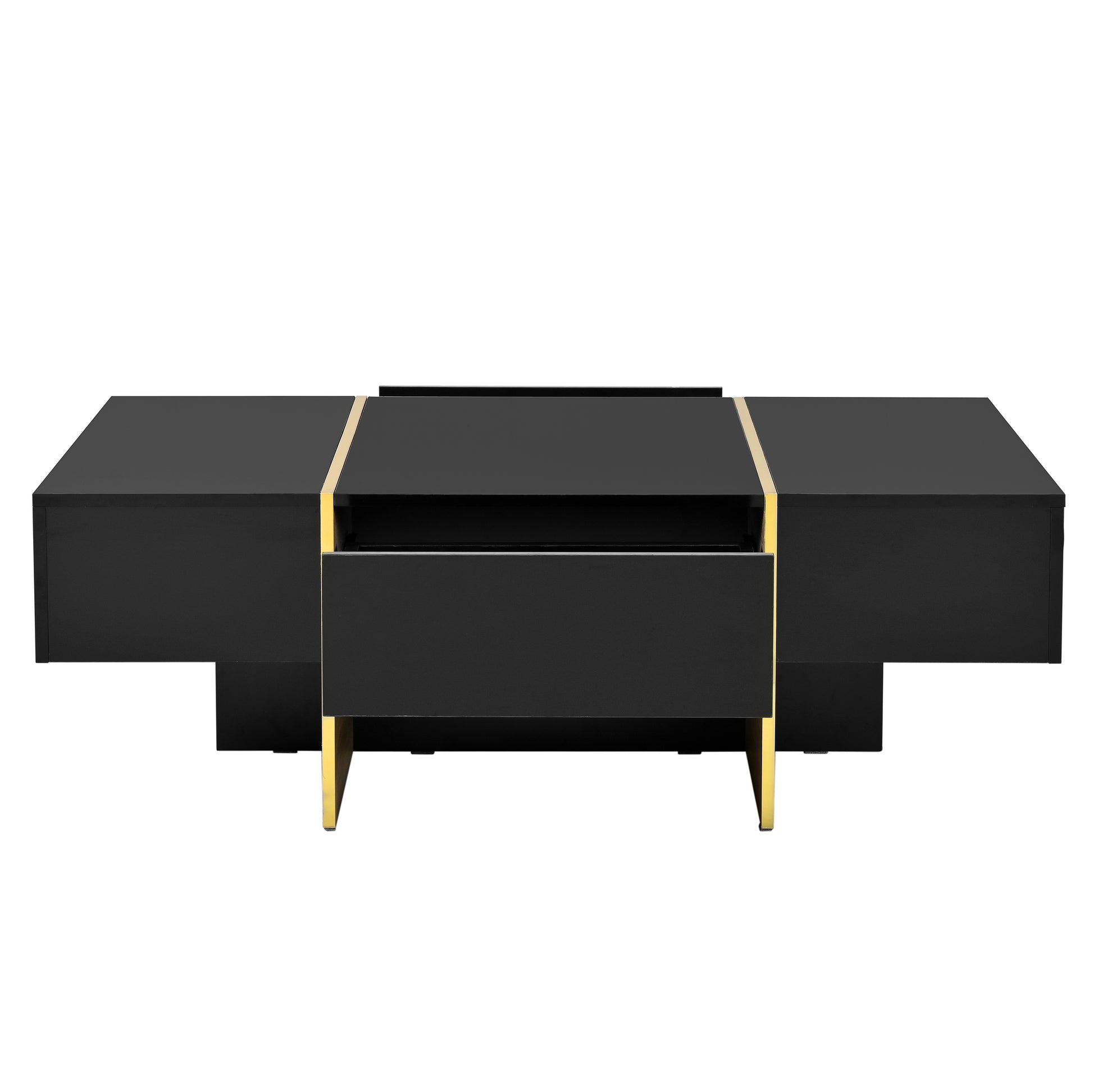 47.2'' X 31.4''Minimalist High Gloss Coffee Table With 2 Drawers, Multi Storage Rectangle Sofa Table With Golden Wood Grain Legs, Modern Center Table For Living Room, Black Black Particle Board Mdf