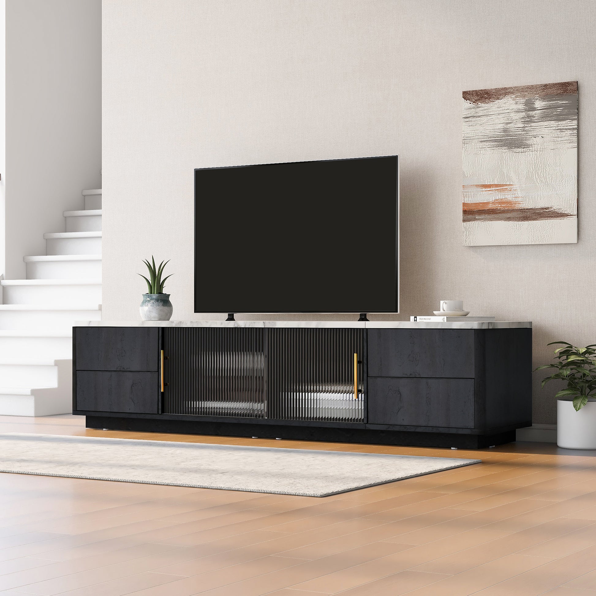 Modern Tv Stand For 70'' Tv With 4 Drawers, Media Console Table, Entertainment Center With Large Storage Cabinet For Living Room, Bedroom Black,White Primary Living Space 60 69 Inches 60 69 Inches