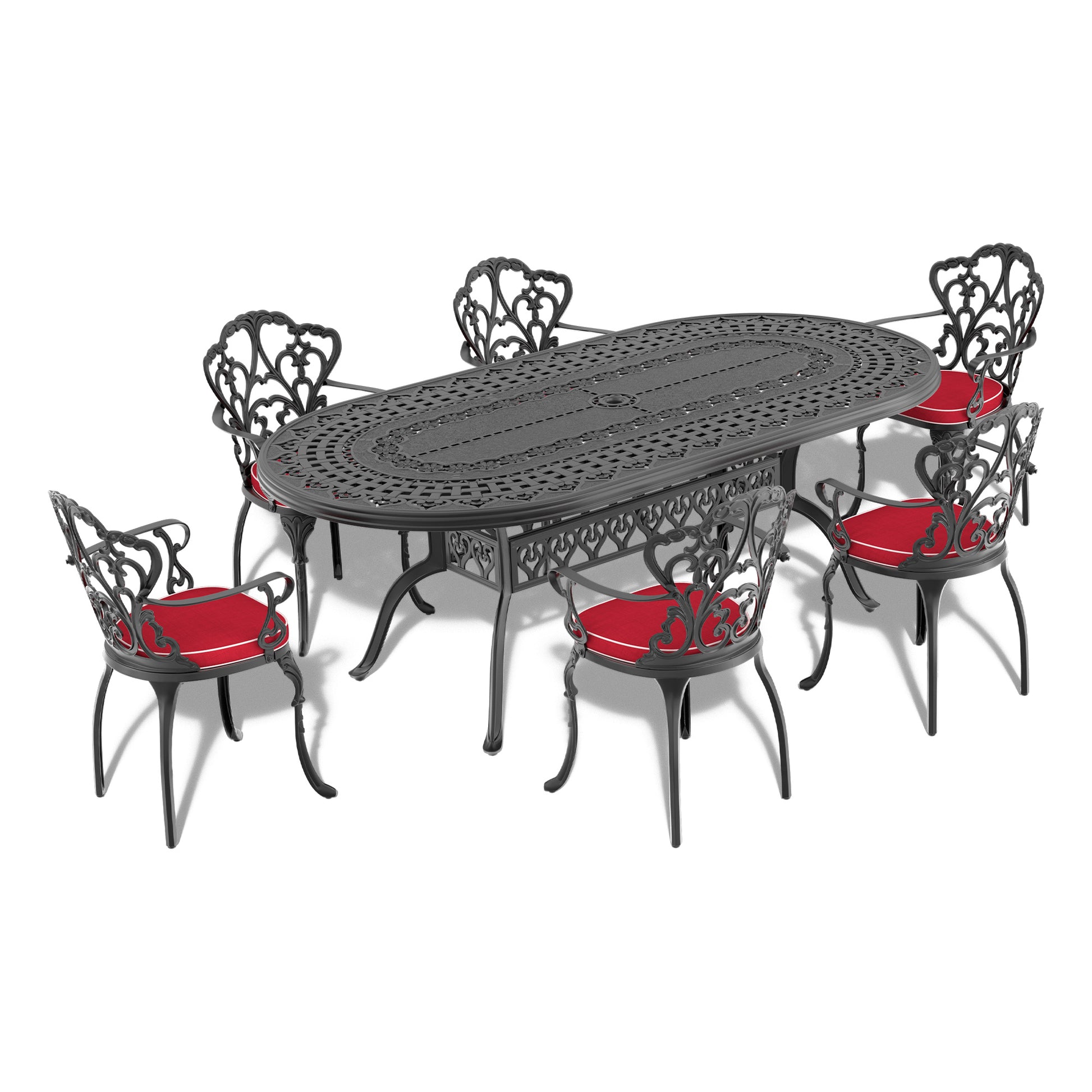 Cushions In Random Colors 7 Piece Set Of Cast Aluminum Patio Furniture With Cushions Yes Dining Set Black Seats 6 Rust Resistant Frame Water Resistant Cushion Garden & Outdoor Complete Patio Sets Aluminium