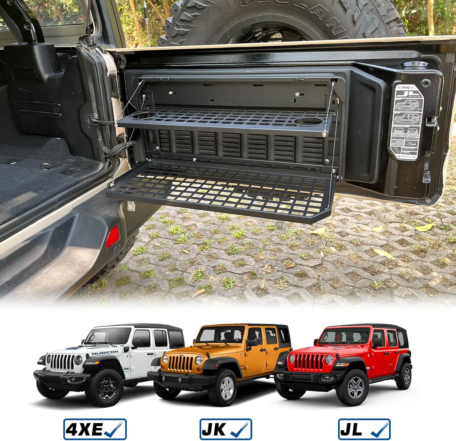 2 Tier Tailgate Table Rear Foldable Storage Cargo Rack Outdoor Camping Desk For 2007 2022 Jeep Wrangler Jk&Jl 4 Door Not Fit Jk Models With Stock Subwoofer Black Steel