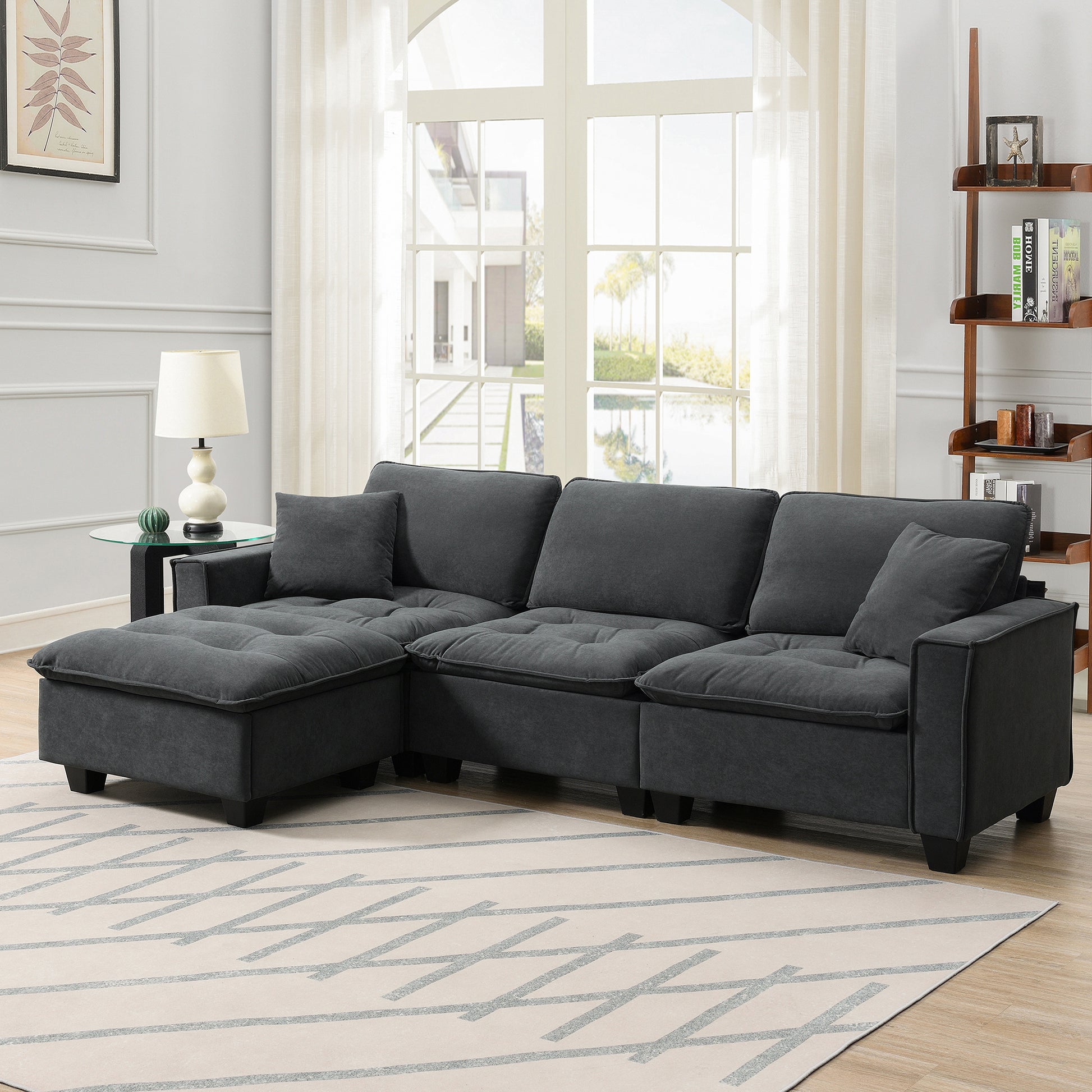 100*59" Modern Convertible Sectional Sofa,L Shaped Reversible Couch Set With Free Pillows,4 Seat Suede Velvet Sleeper Sofa With Ottoman For Living Room,Apartment,Office,3 Colors Dark Gray Suede 4 Seat