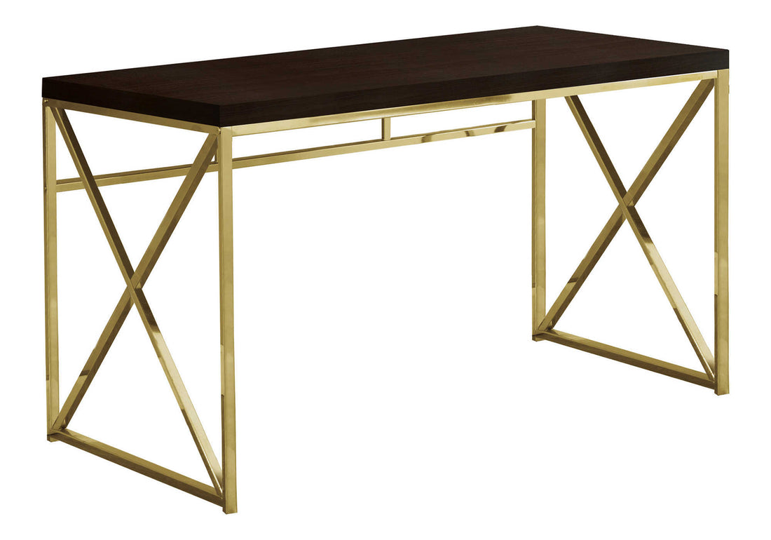 Computer Desk, Home Office, Laptop, Work, Brown Laminate, Gold Metal, Contemporary, Modern Espresso Particle Board