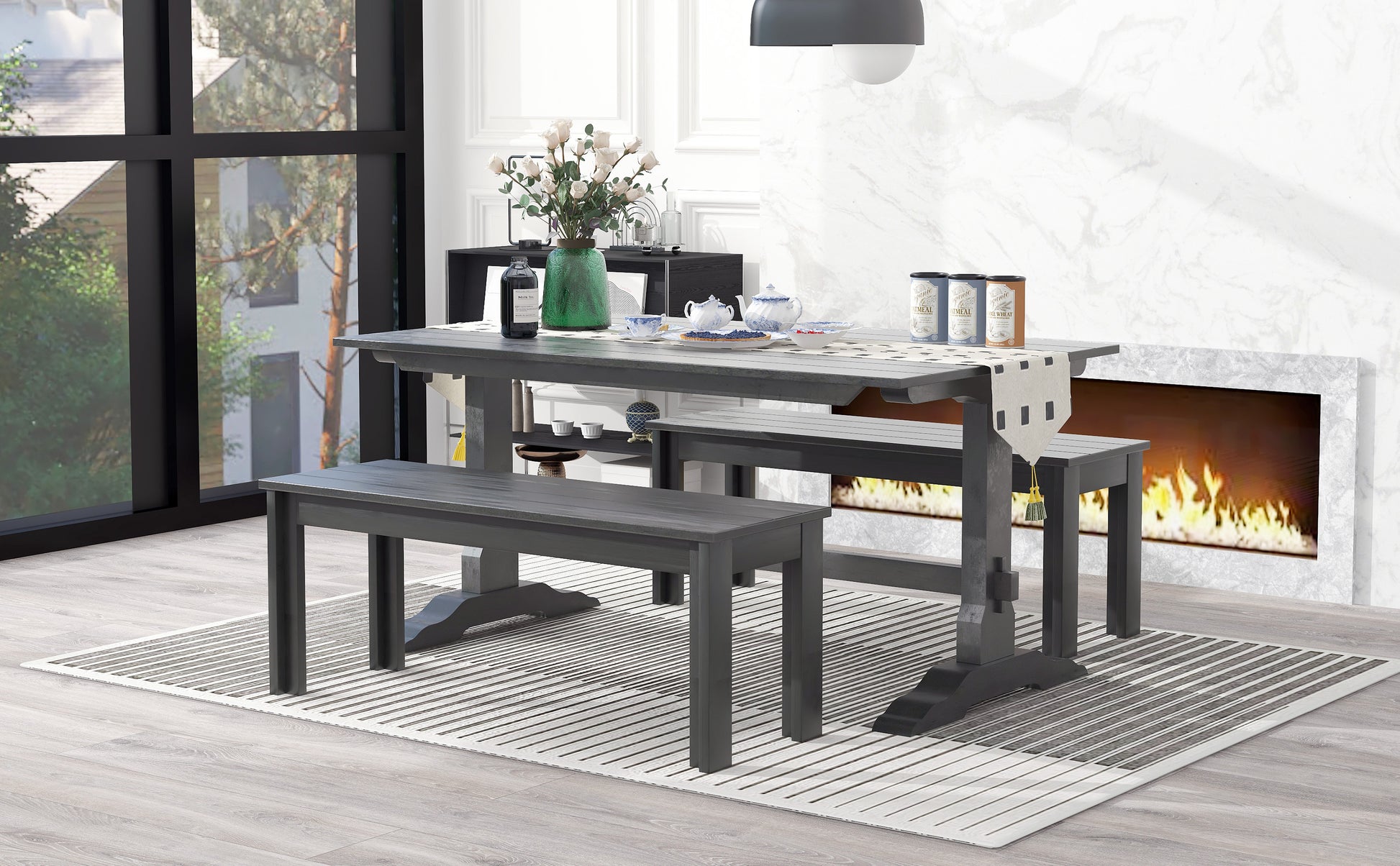 3 Piece Retro Dining Set, Rectangular Trestle Table And 2 Wood Benches For 4 People For Dining Room And Kitchen Grey Grey Solid Wood Mdf