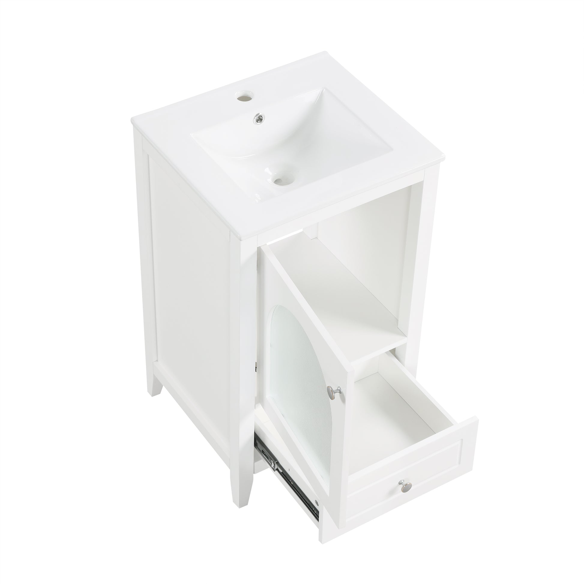 20" Bathroom Vanity With Sink, Bathroom Cabinet With Soft Closing Glass Door, A Drawer, White White Mdf