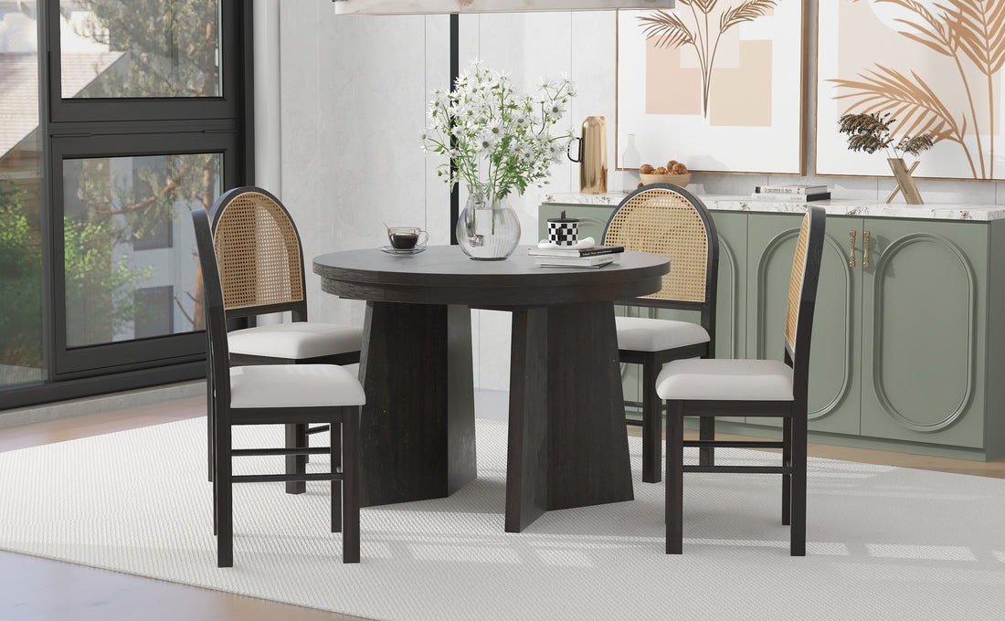 5 Piece Retro Functional Dining Set With 1 Extendable Dining Table And 4 Upholstered Chairs With Rattan Backrests For Dining Room And Kitchen Espresso Espresso Solid Wood Mdf