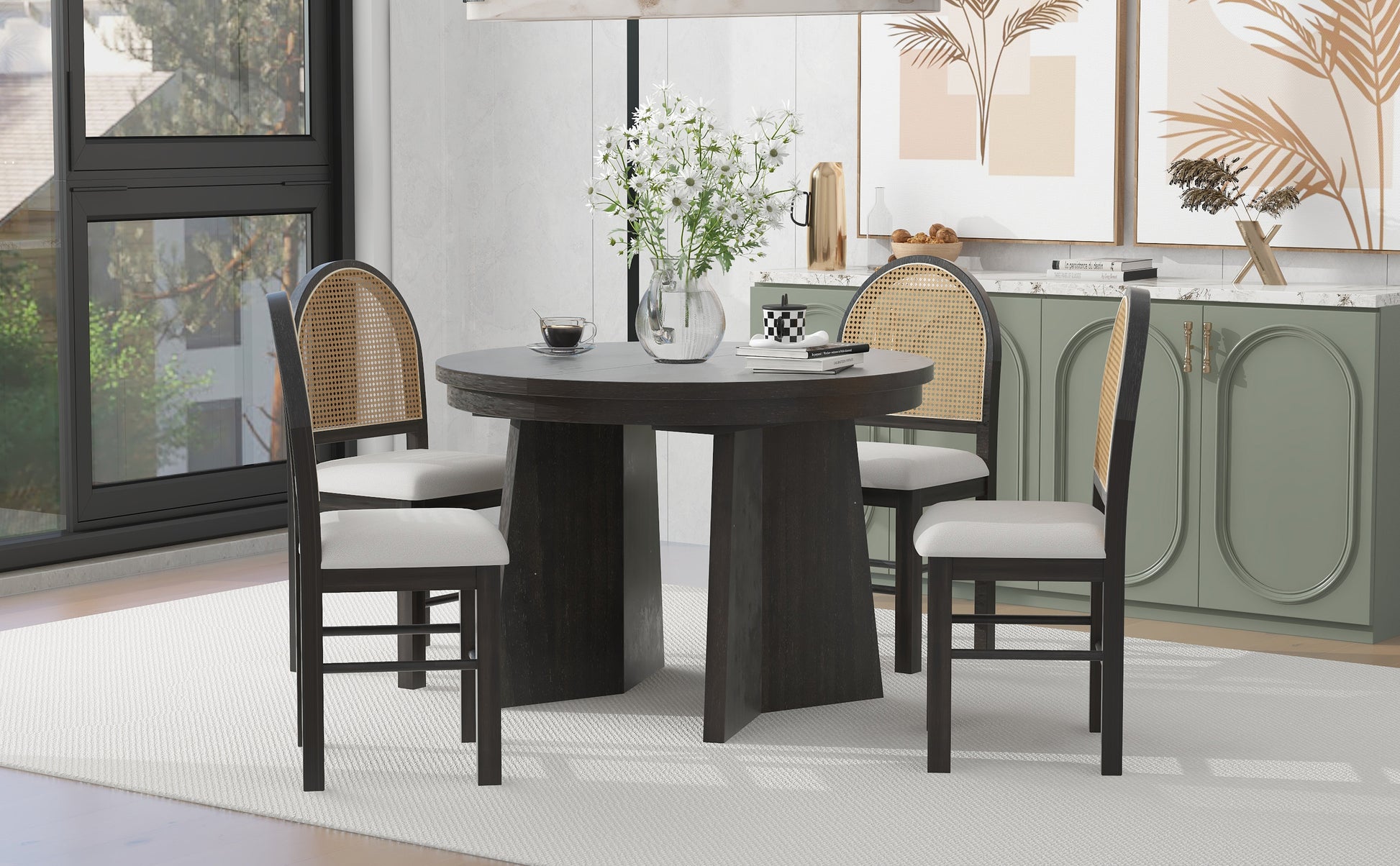 5 Piece Retro Functional Dining Set With 1 Extendable Dining Table And 4 Upholstered Chairs With Rattan Backrests For Dining Room And Kitchen Espresso Espresso Solid Wood Mdf