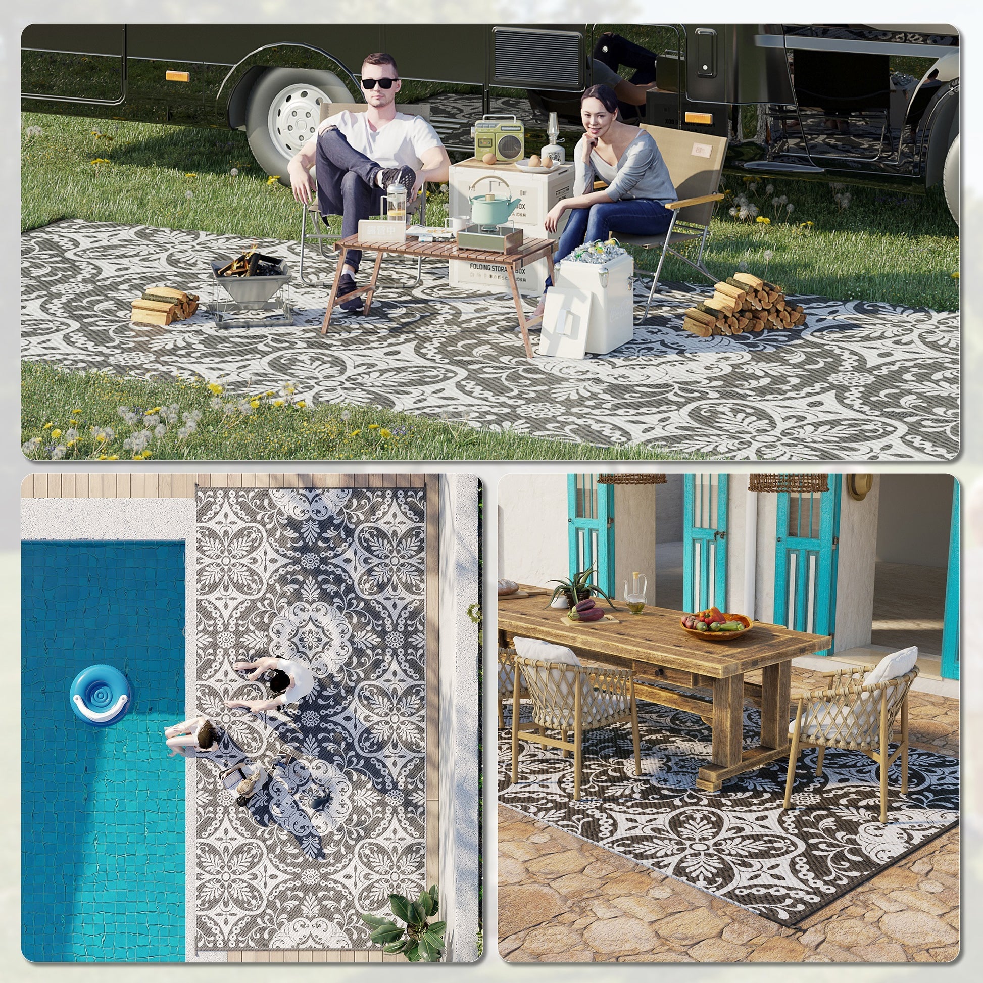 Outsunny Reversible Outdoor Rug, 9' X 18' Waterproof Plastic Straw Floor Mat, Portable Rv Camping Carpet With Carry Bag, Large Floor Mat For Backyard, Deck, Picnic, Beach, Gray & White Floral Multicolor Polypropylene