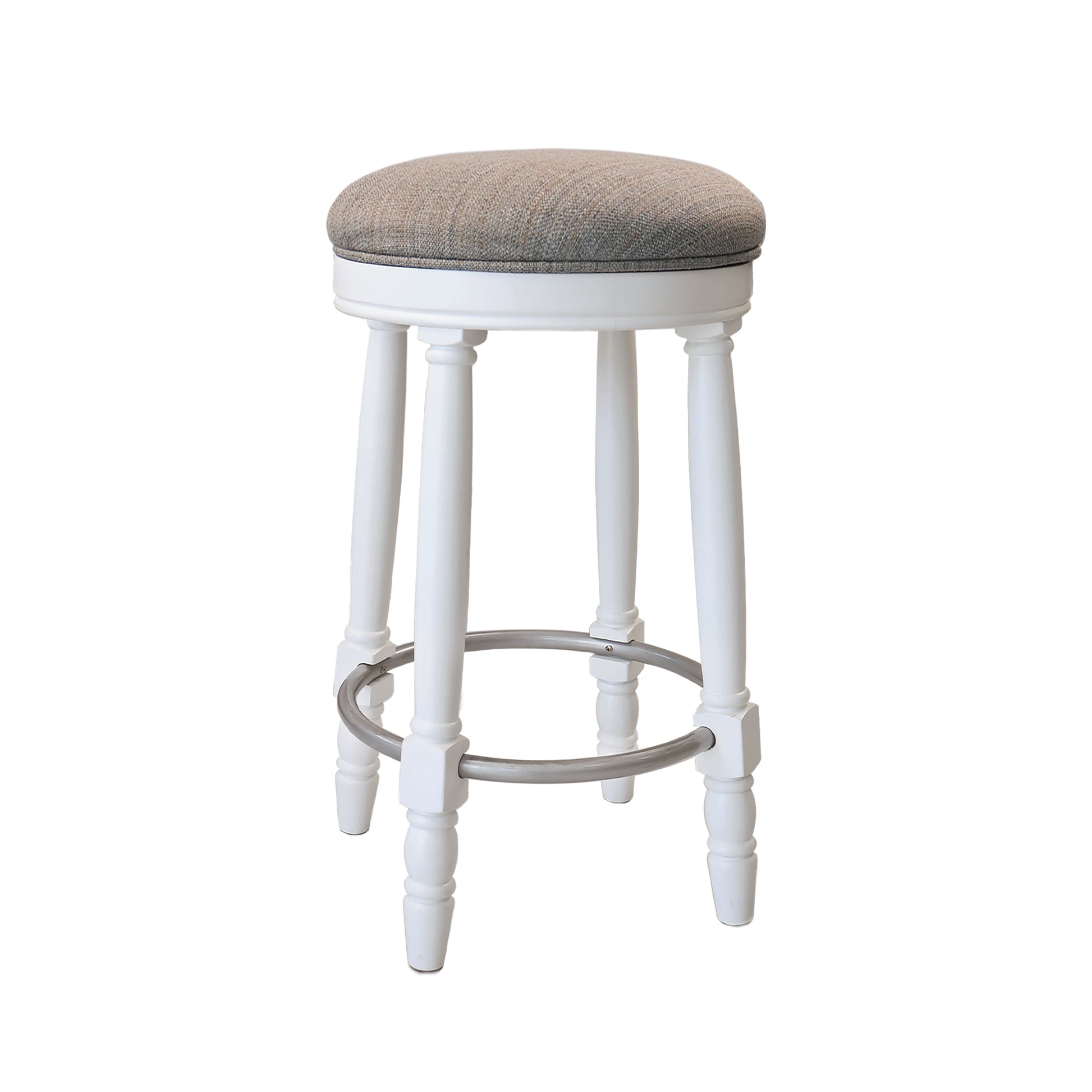 Bar Stools Set Of 2 White Color, 360 Degree Swivel, Accent Wooden Swivel Seat Counter Height Bar Stool, Grey Cushion Seat, Barstool Perfect For Dining And Living Room Height 26" Cushion Solid White