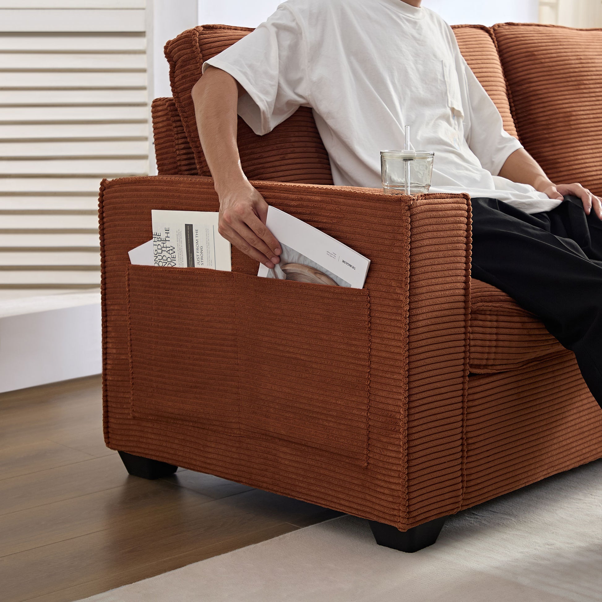 Corduroy Sofa, 87.4 Inch Modern Design Sofa With Cup Holder And Storage Bags, Deep Seat Sofa Couch,Comfy Couch For Living Room,Apartment,Office,Brown Brown Corduroy 3 Seat