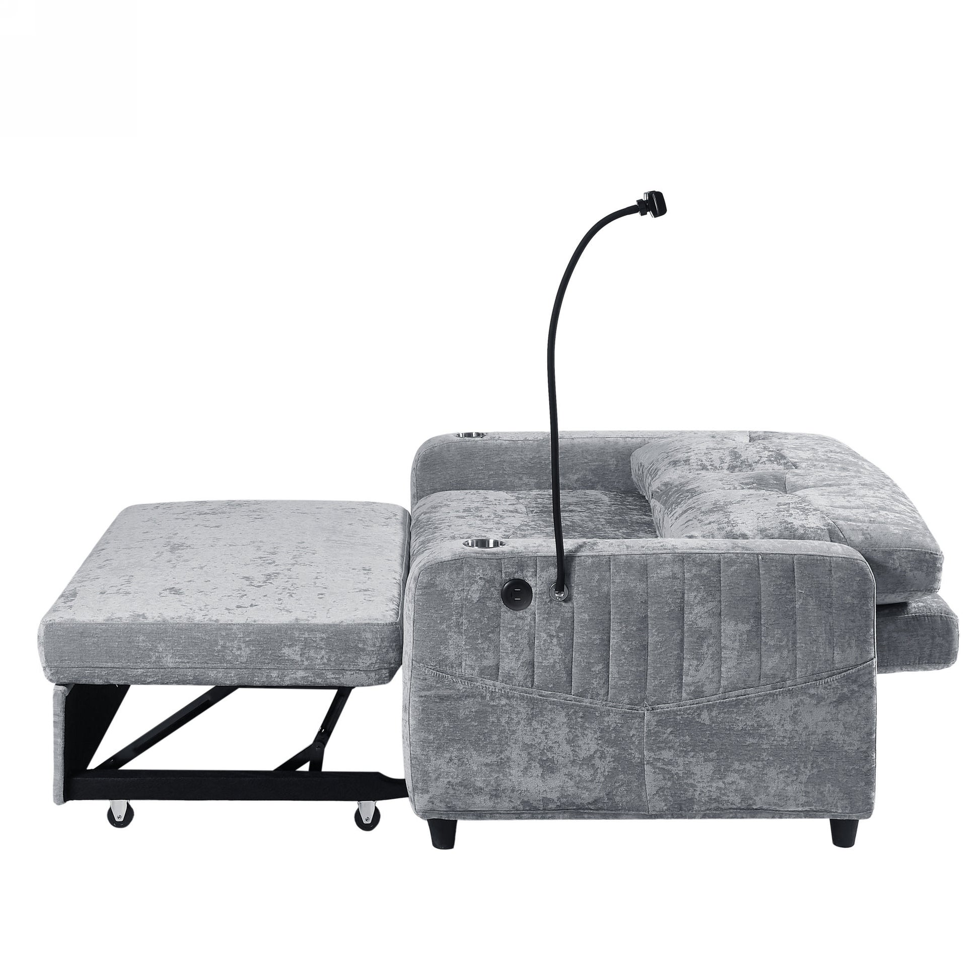 53.9" Modern Loveseat Pull Out Sofa Bed With Adjustable Backrest, Two Cup Holdersa Phone Holder, Three Charging Ports And Side Storage Pockets For Living Room, Grey Grey Foam Chenille