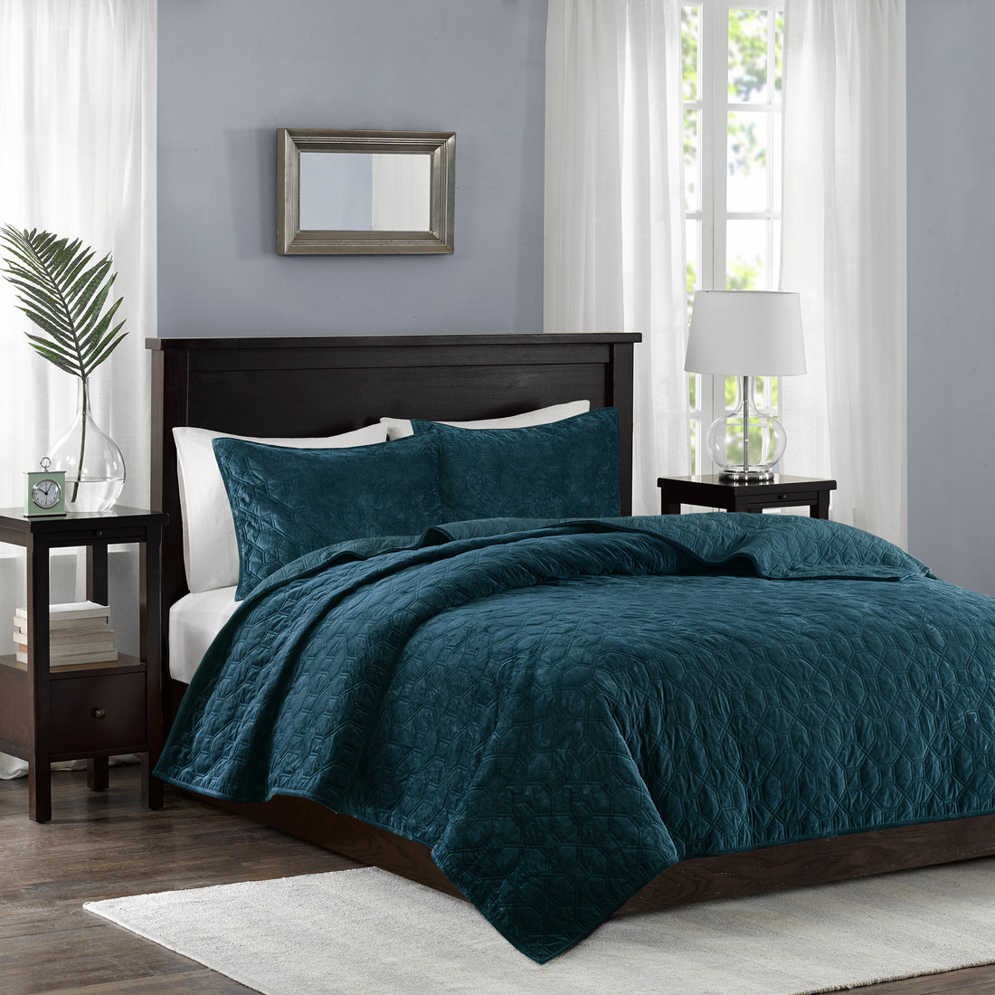 3 Piece Velvet Quilt Set Teal King Cal King King Teal Cotton