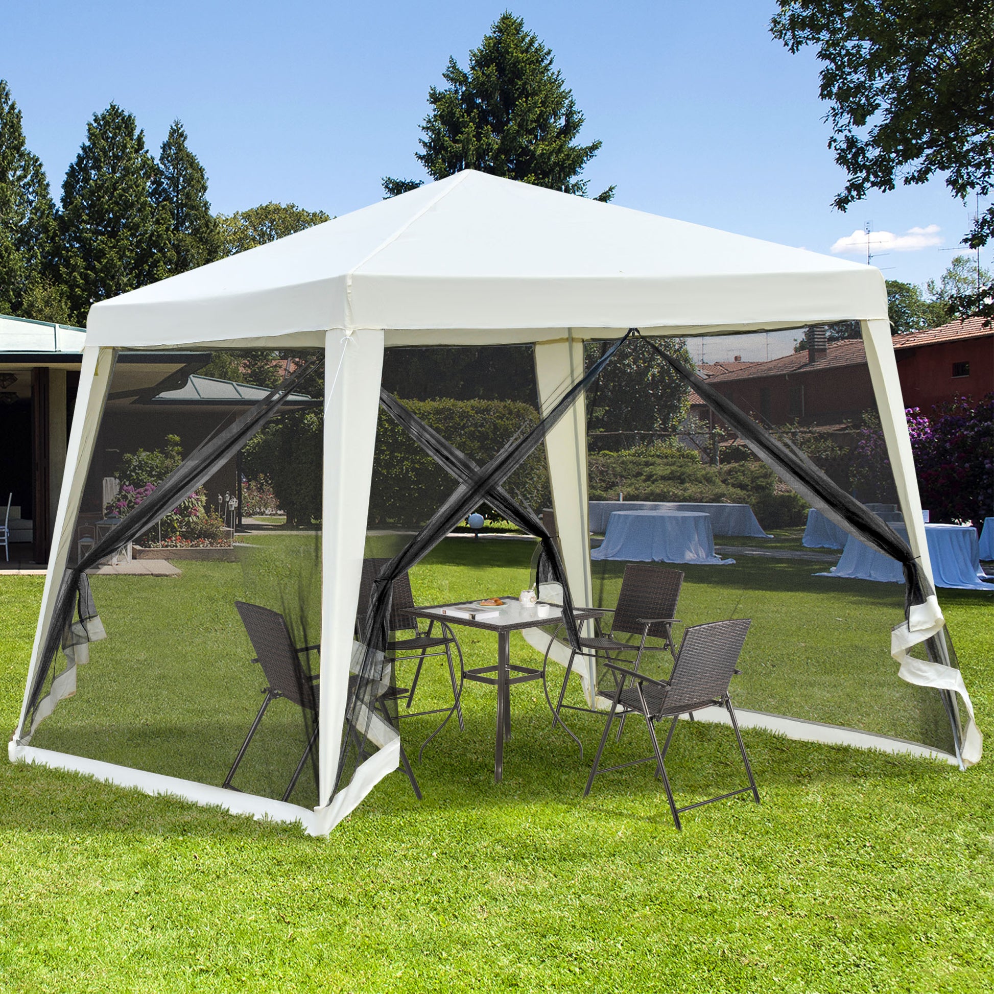 Outsunny 10'X10' Outdoor Canopy Tent, Slant Leg Sun Shelter With Mesh Sidewalls, Patio Tents For Parties, Cream White Cream White Steel