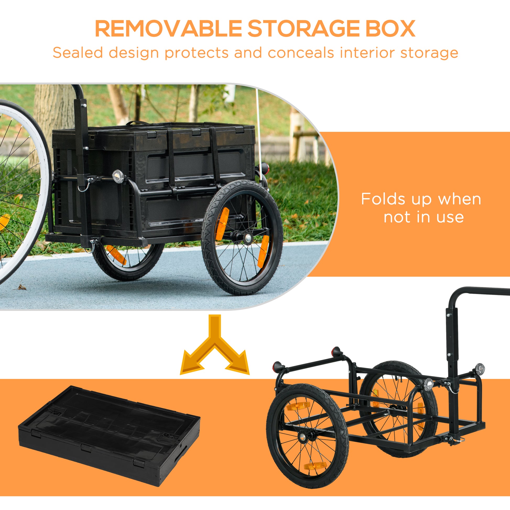 Aosom Bike Cargo Trailer, Bicycle Trailer Wagon Cart With Removable Storage Box, Quick Release 16" Wheels And Safe Reflectors, No Bottom Black Steel