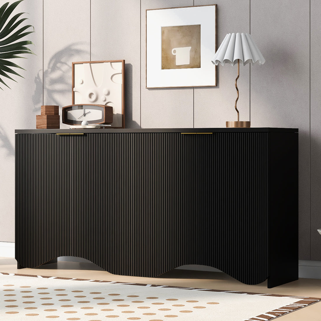 Vertical Stripes And Wavy Design Of A Four Door Cabinet Cabinet Suitable For Hallway, Entryway, Living Room 3 4 Spaces Black Primary Living Space Artsy Mdf