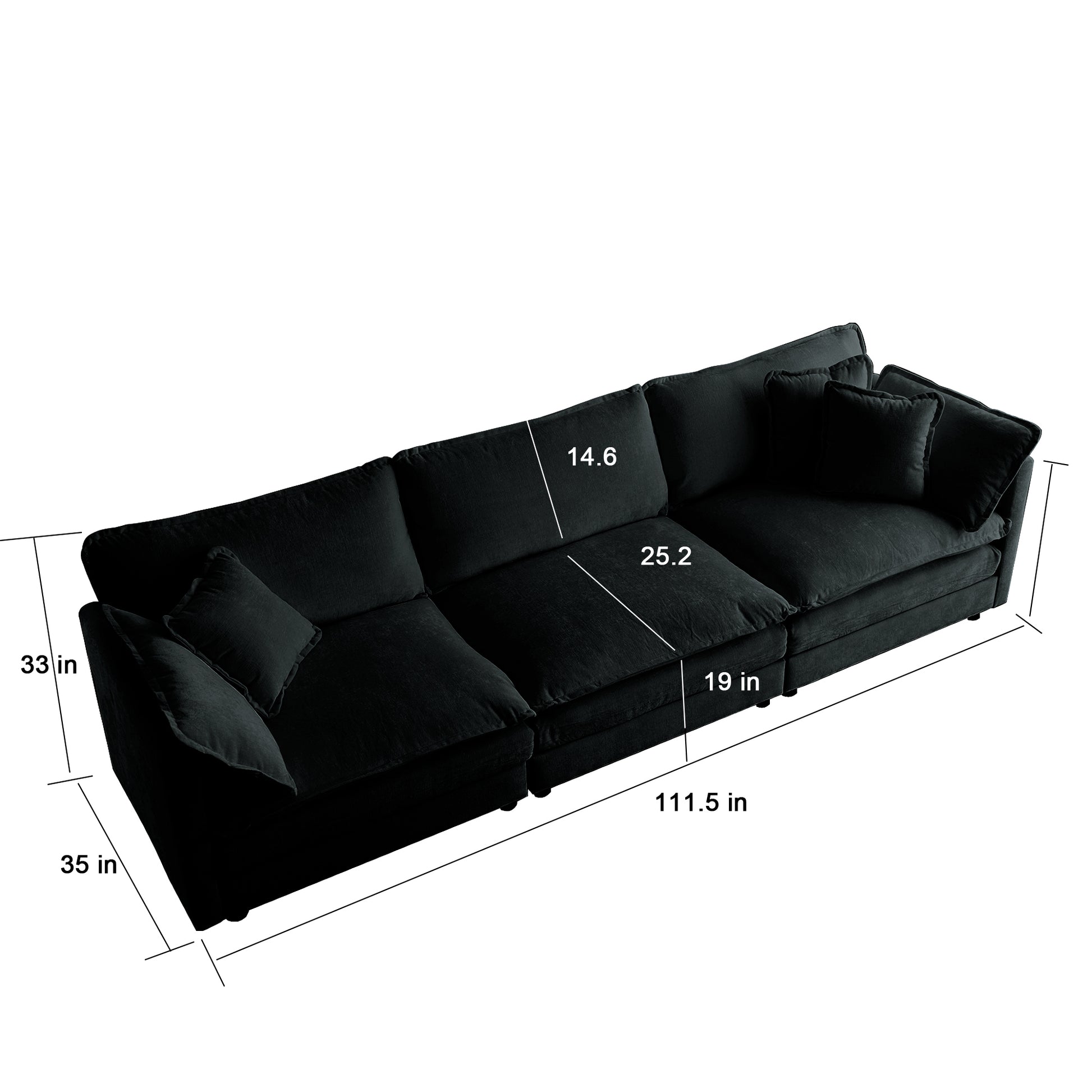 Comfortable Deep Seat Reversible Modular 6 Seater Sectional Super Soft Sofa U Shaped Sectional Couch With 3 Ottomans, 3 Toss Pillows And 2 Arm Pillows Black Chenille 3 Seat