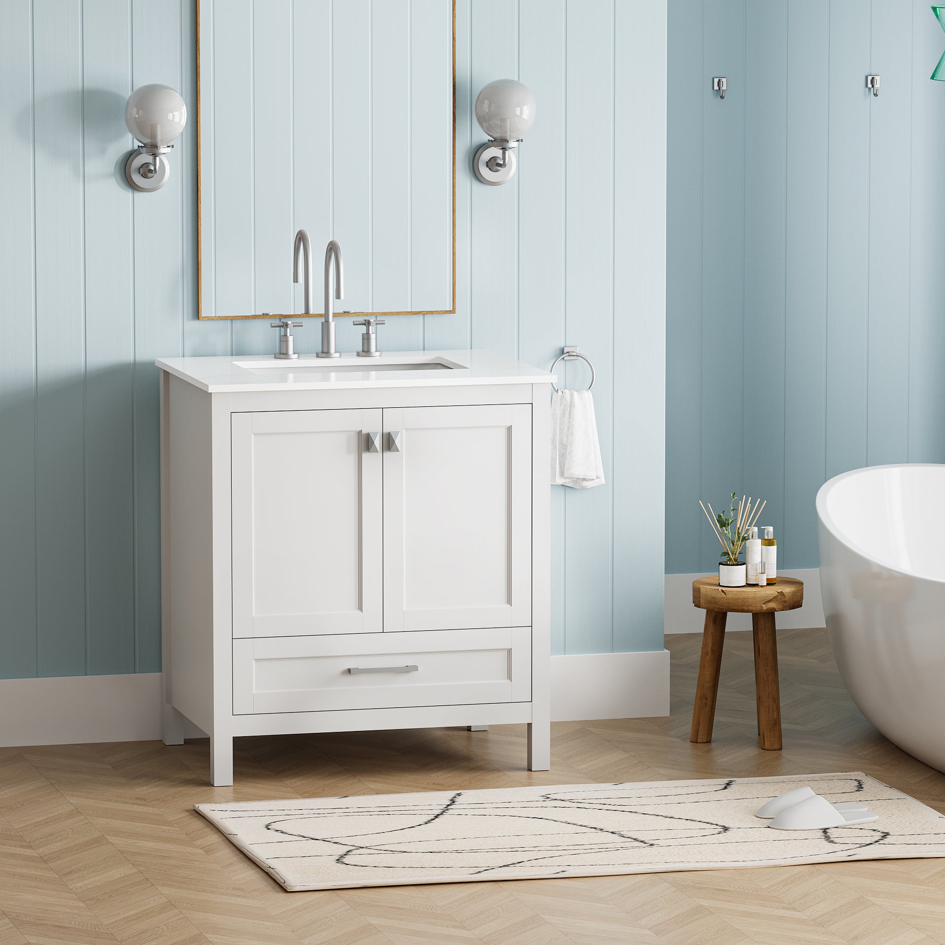 30 Inch Freestanding Bathroom Vanity With Sink, Carrara Engineered Marble Vanity Top With Undermounted Rectangular Ceramic Sink, Large Storage Soft Close Door, White 24V03 30Wh White Wood Solid Wood