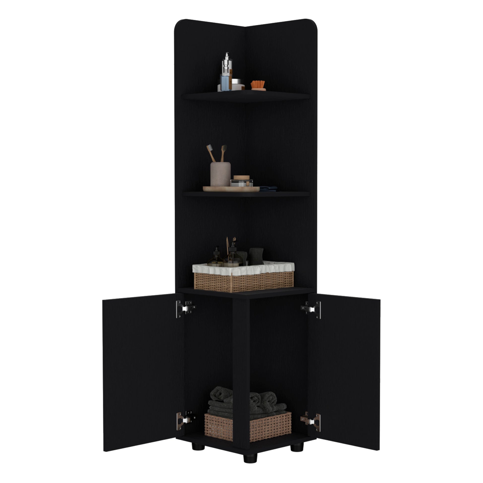 Malibu 62" Tall Double Door Corner Linen Cabinet With Four Shelves Black 60 In & Above Mountain Lodge Particle Board