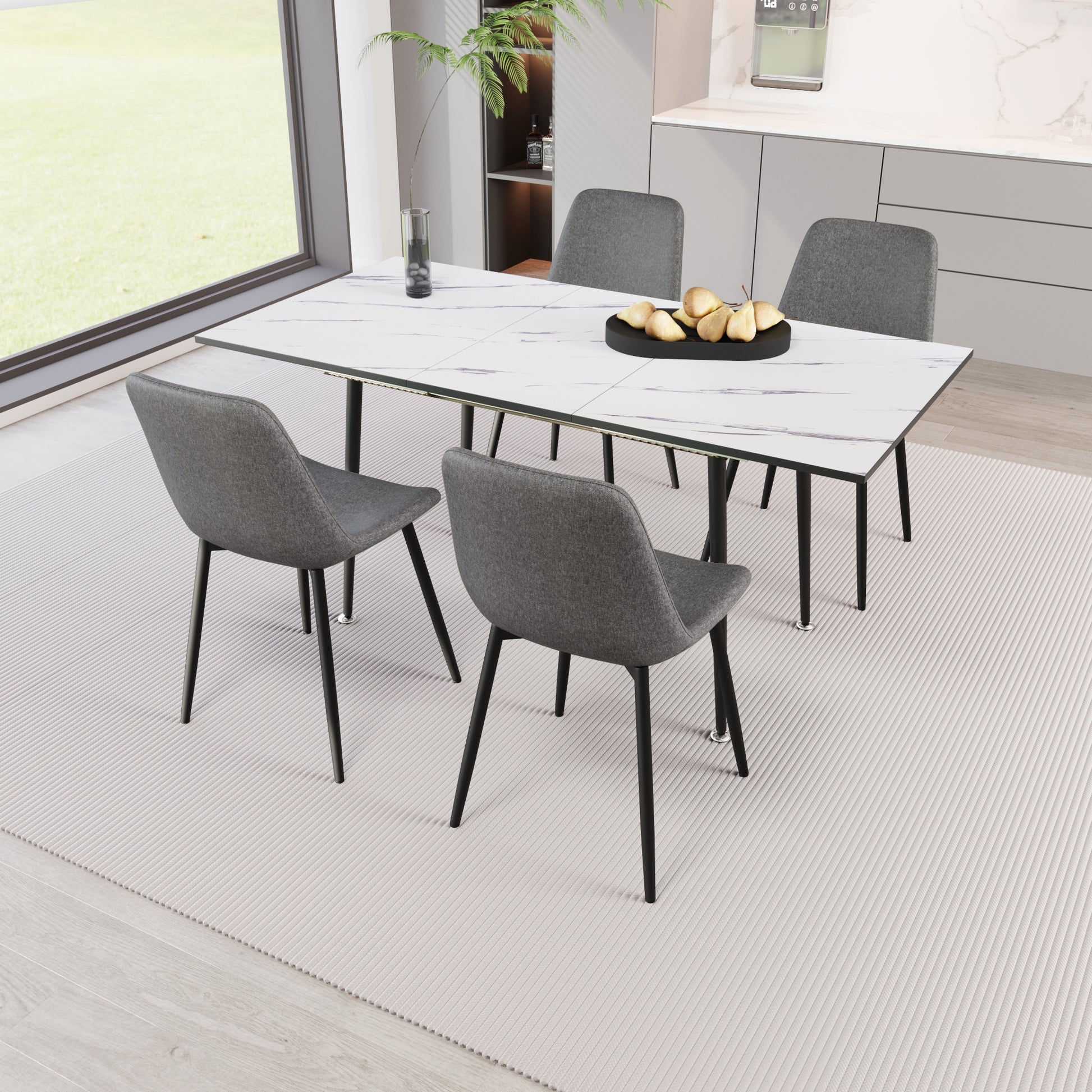 Scalable Mdf Modern Dining Table And Chair Set, Suitable For 2 6 People, Elegant White Dining Table And Modern Grey Dining Chair 4 Piece Set, Medieval Dining Table Set, Metal Base And Linen Chair Grey White Mdf