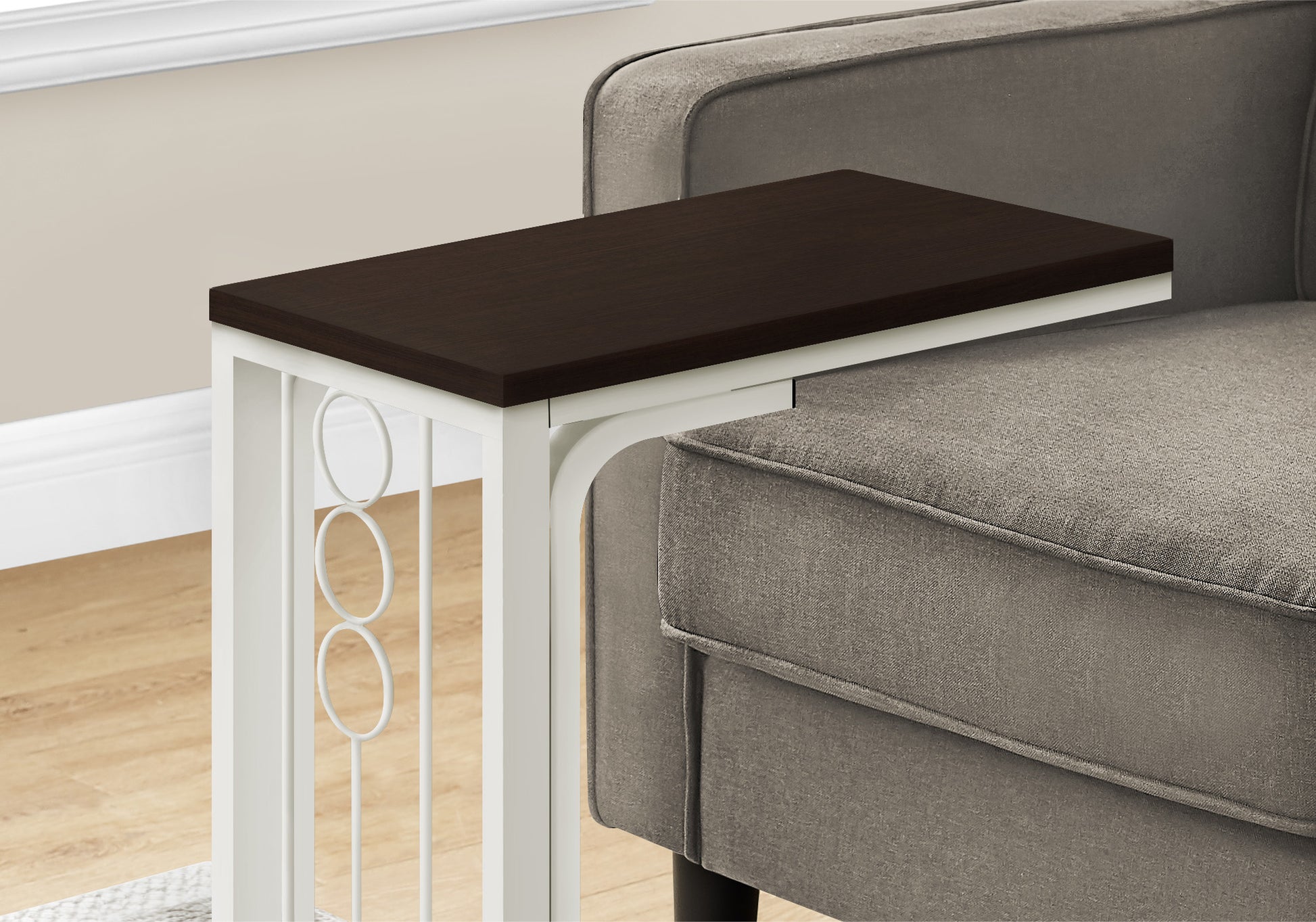 Accent Table, C Shaped, End, Side, Snack, Living Room, Bedroom, Brown Laminate, Grey Metal, Transitional Cherry Mdf