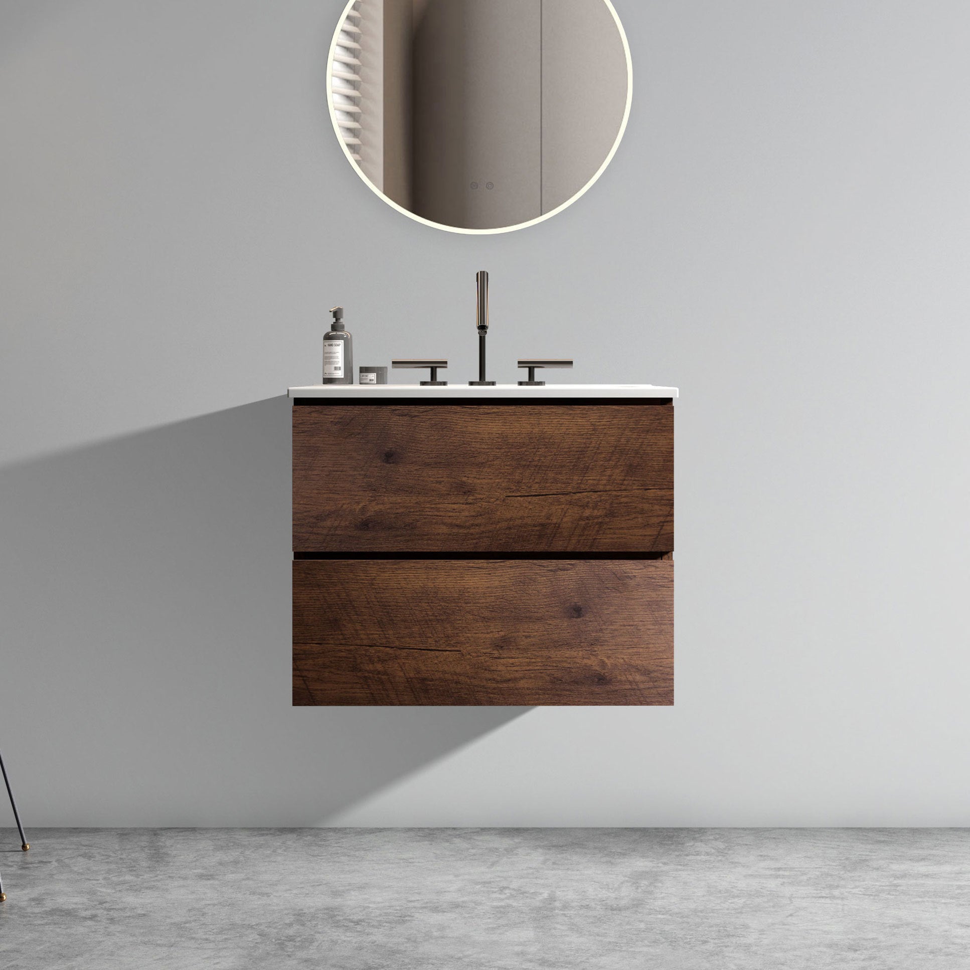 Wall Mount 24" Walnut Bathroom Vanity With Ceramic Sink With Three Faucet Holes, Large Storage Floating Bathroom Vanity For Modern Bathroom, One Piece Sink Basin Without Drain, Pre Assembled Walnut Bathroom Modern Ceramic Mdf