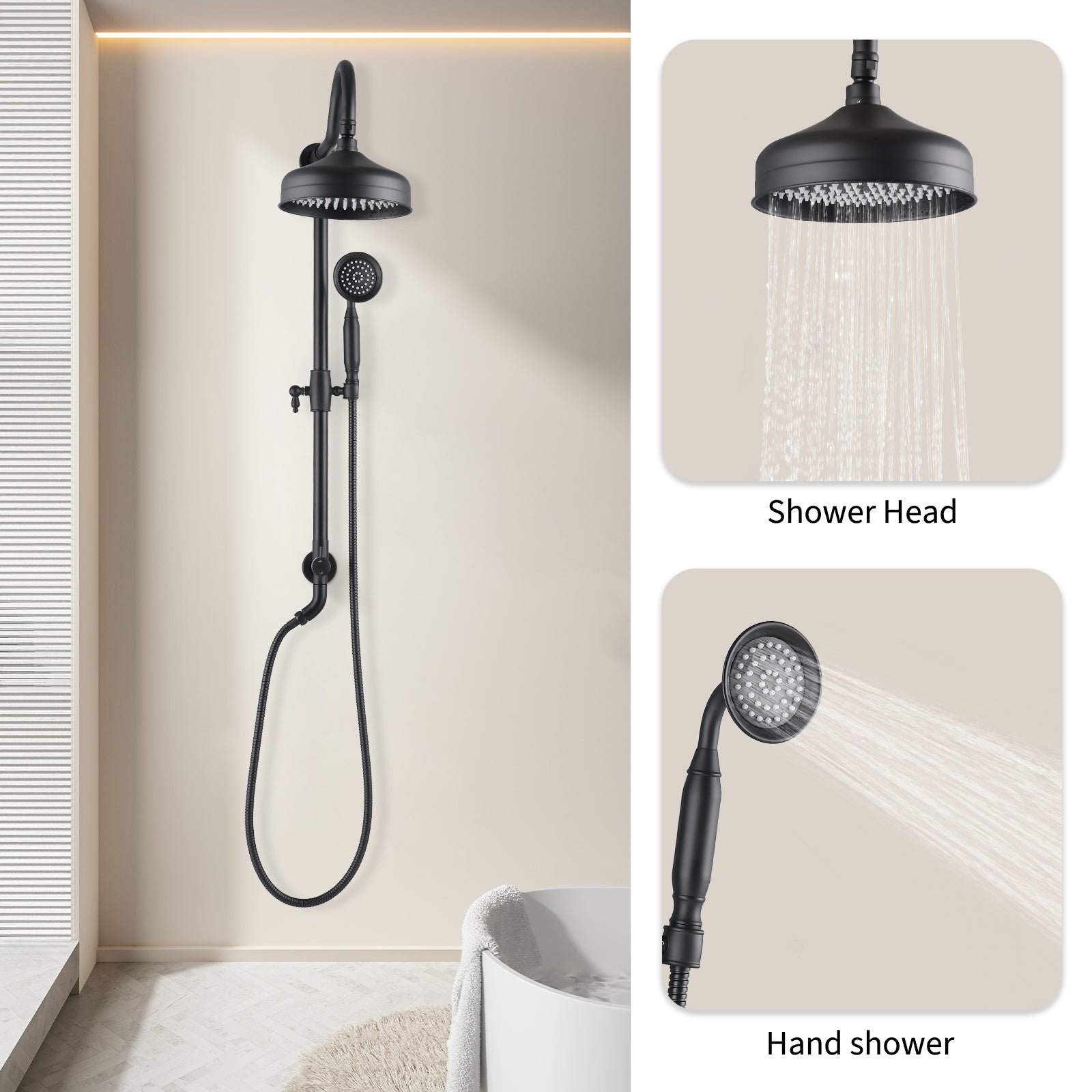 Matte Black 8" Rain Showerhead With Handheld Sprayer Slide Bar Valve Trim Kit Not Included Matte Black Stainless Steel