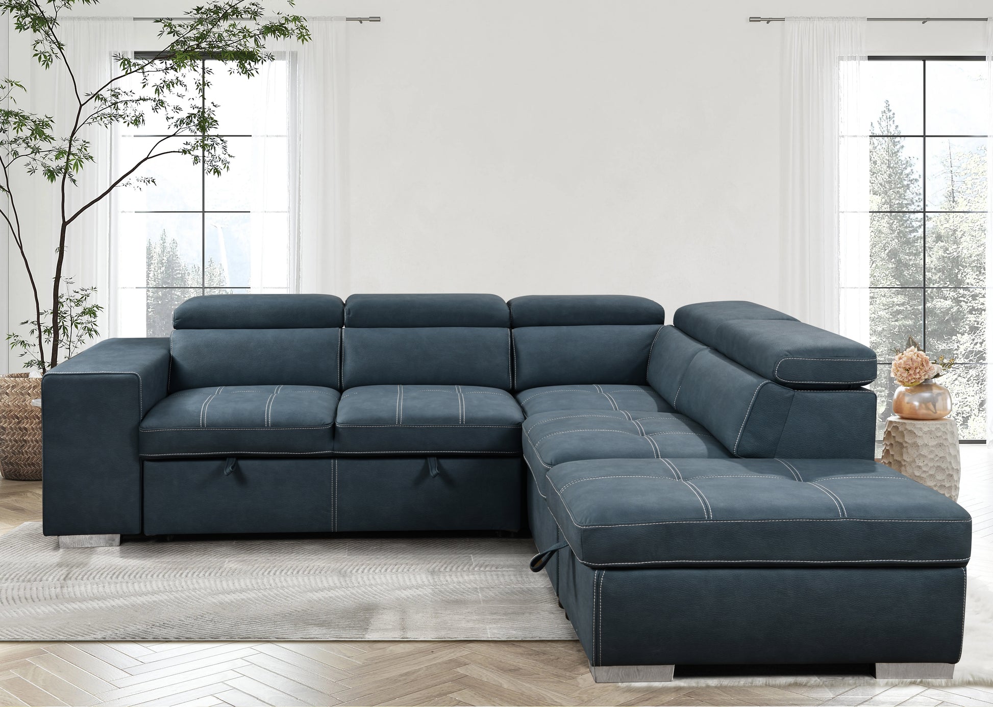 105" Sectional Sofa With Adjustable Headrest ,Sleeper Sectional Pull Out Couch Bed With Storage Ottoman And 2 Stools,Blue Light Brown Wood Primary Living Space Heavy Duty Eucalyptus 5 Seat Blue Microfiber Soft Cushion Back Modern Square Arms Foam