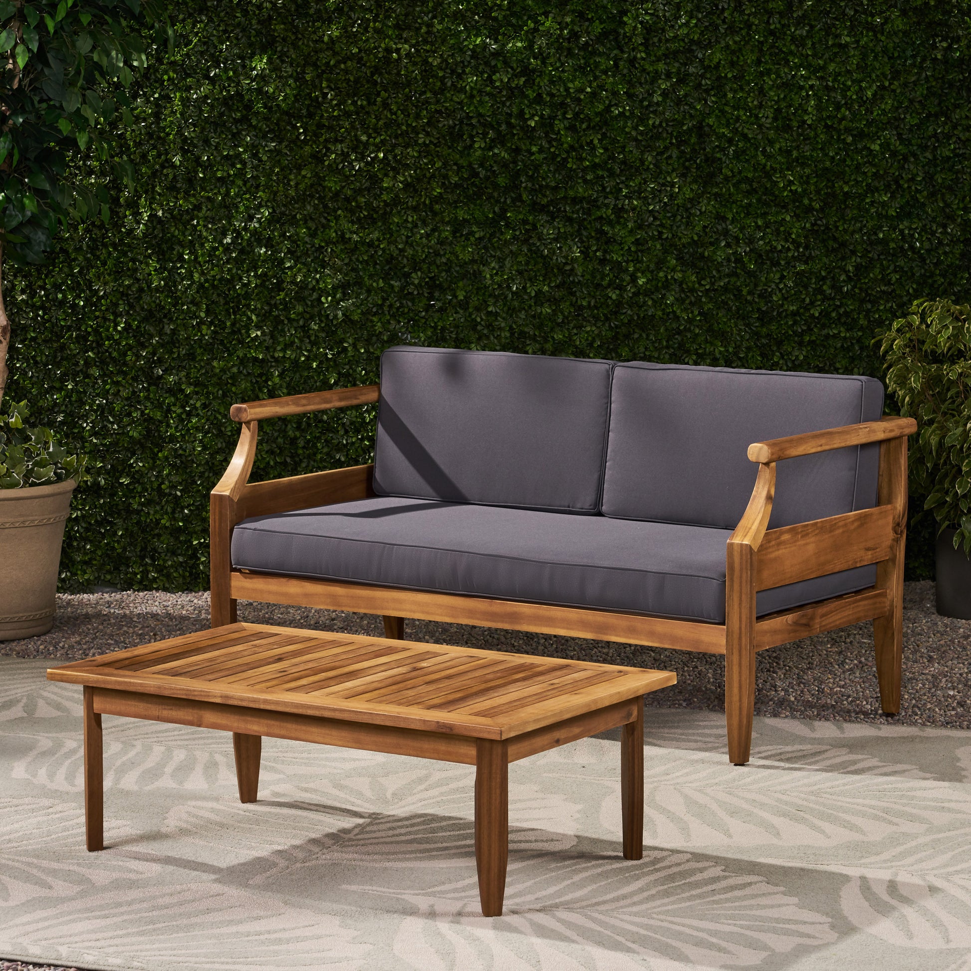 Aston Acacia Wood Outdoor Loveseat Set Loveseat&Coffee Table Teak Finish Dark Gray Cushion Teak Acacia Wood