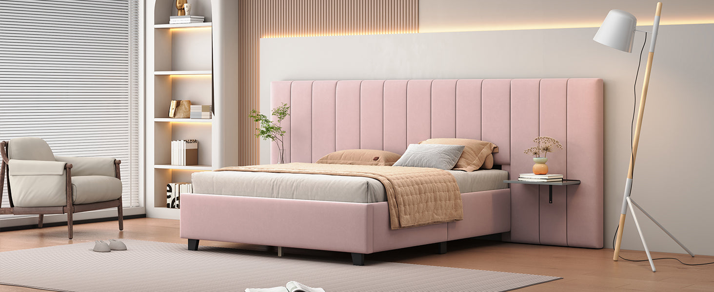 Queen Size Upholstered Platform Bed With Big Headboard, Bedroom Furniture, Velvet, Pink Queen Pink Plywood