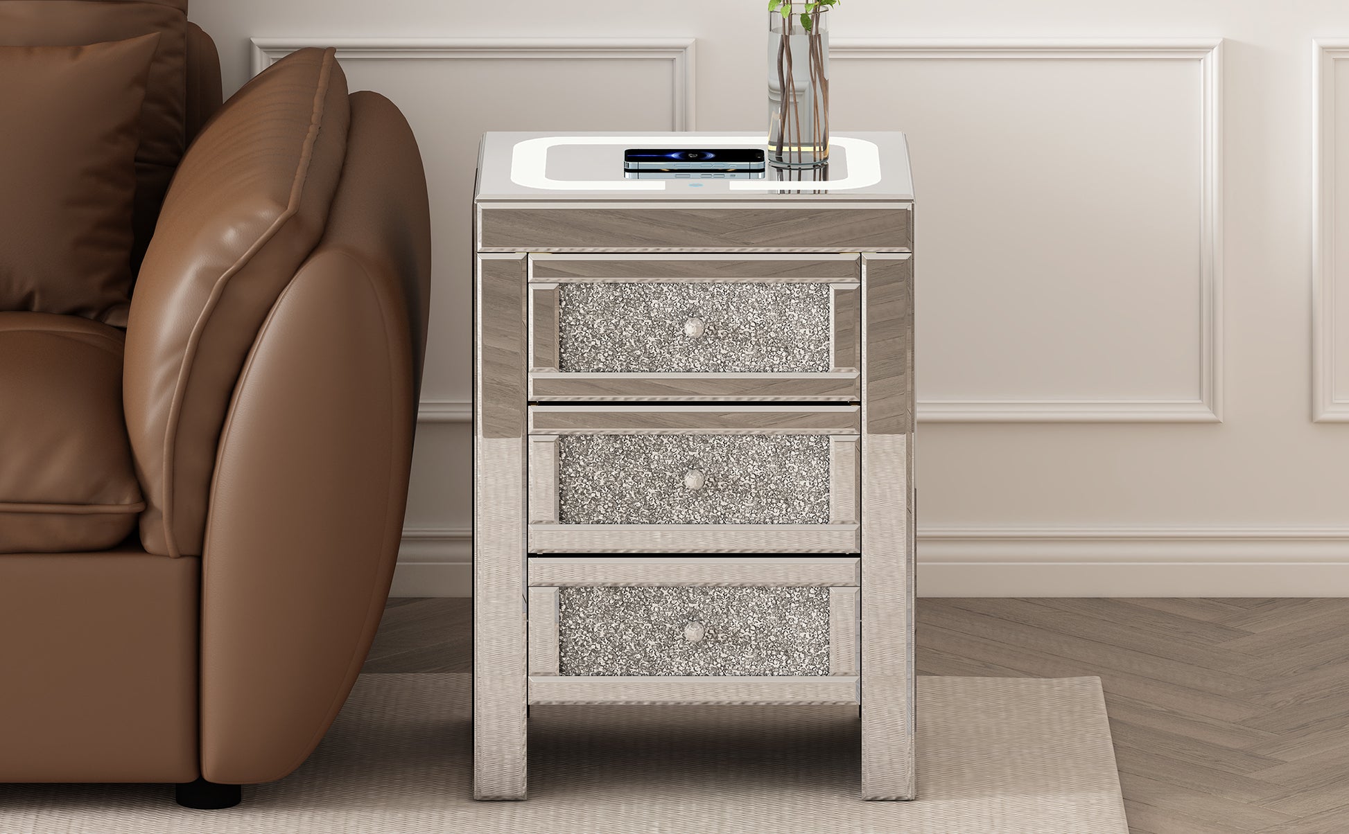 15.7''W Silver Rectangle Mirrored End Table With Wireless&Usb Charging, Modern Side Table With Led Lights, 3 Drawers With Crystal Style Handles For Living Room Silver Mirrored Finish Luxury,Modern Rectangular Mdf Glass