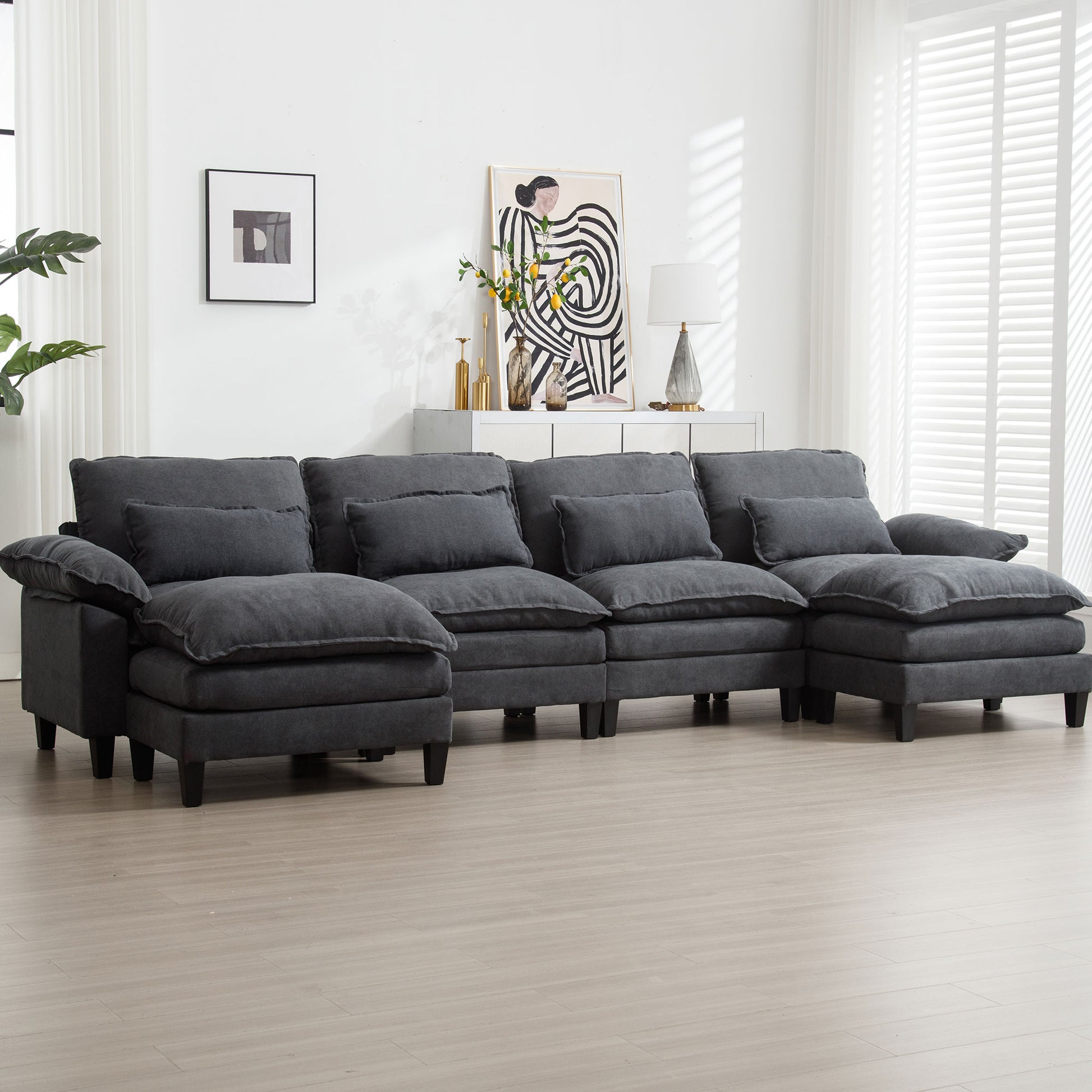 154.8" Oversized Modular Sofaice Velvet Large U Shaped Couch Comfy Upholstered 4 Seat Sofa With 2 Ottoman, 4 Lumbar Pillow, Deep Seat Couch For Living Room Dark Gray Primary Living Space Modern Foam Polyester 6 Seat