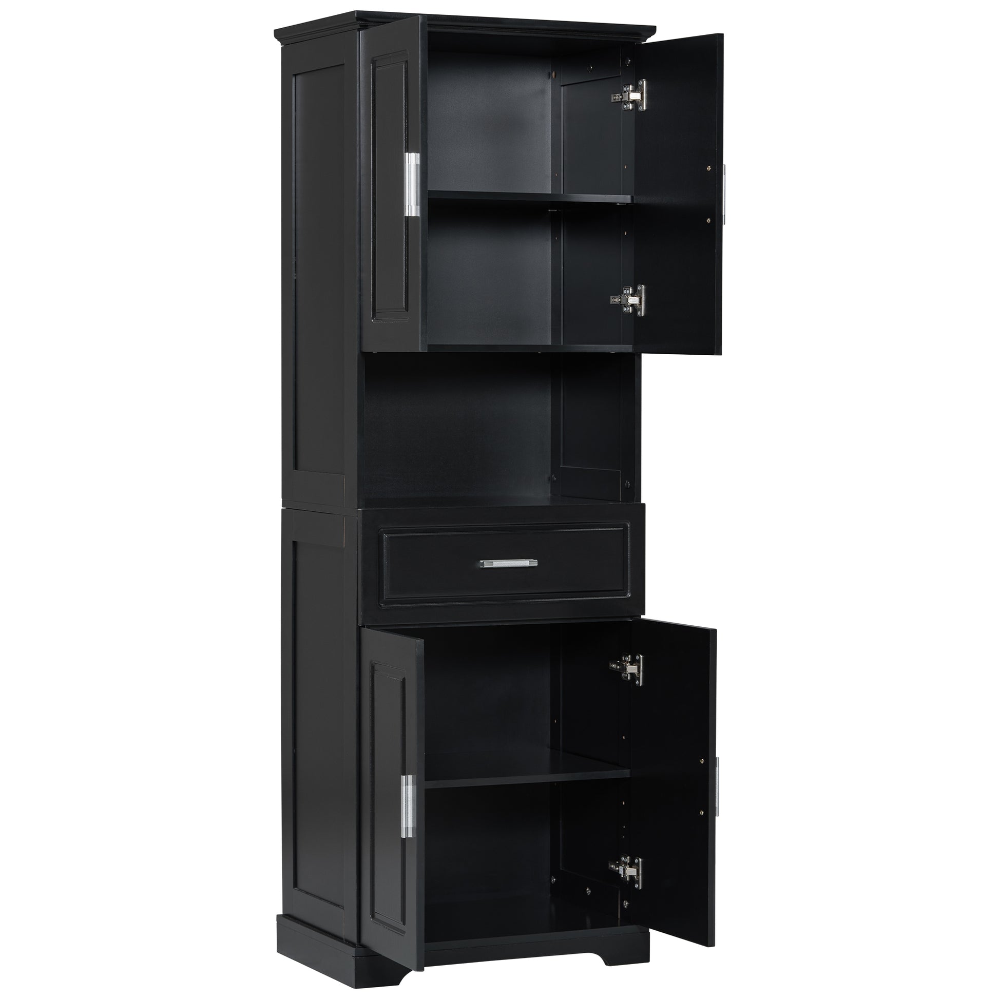 Tall Bathroom Cabinet With Four Doors, Large Storage Space Open Shelve, Upper Storage Cabinet, Black Black Mdf