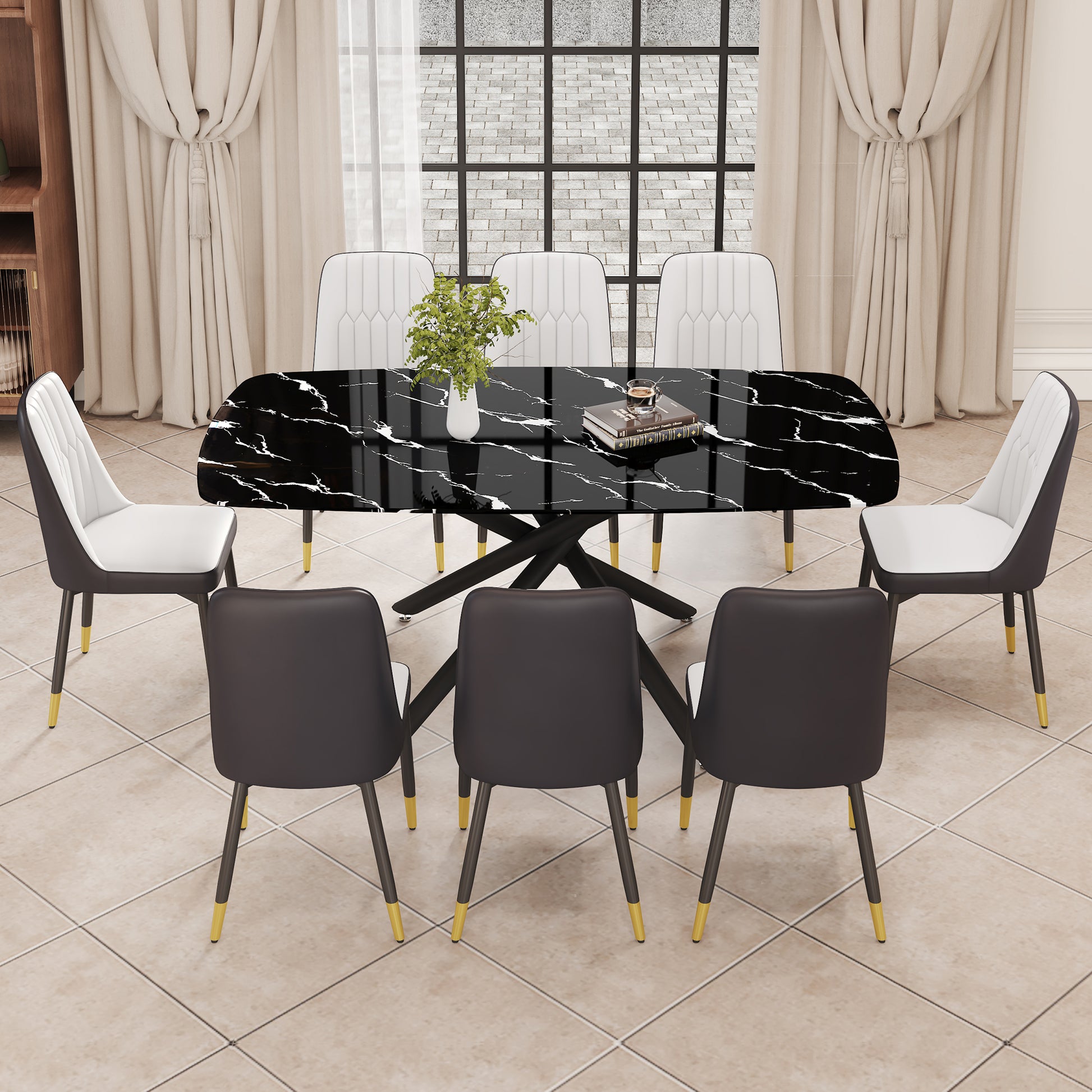 1 Table And 8 Chairs Set.A Rectangular Dining Table With A Imitation Marble Black Table Top And Black Metal Legs.Paired With 8 Chairs With Pu Leather Seat Cushion And Black Metal Legs.F 1537,C 007 Black Glass Metal