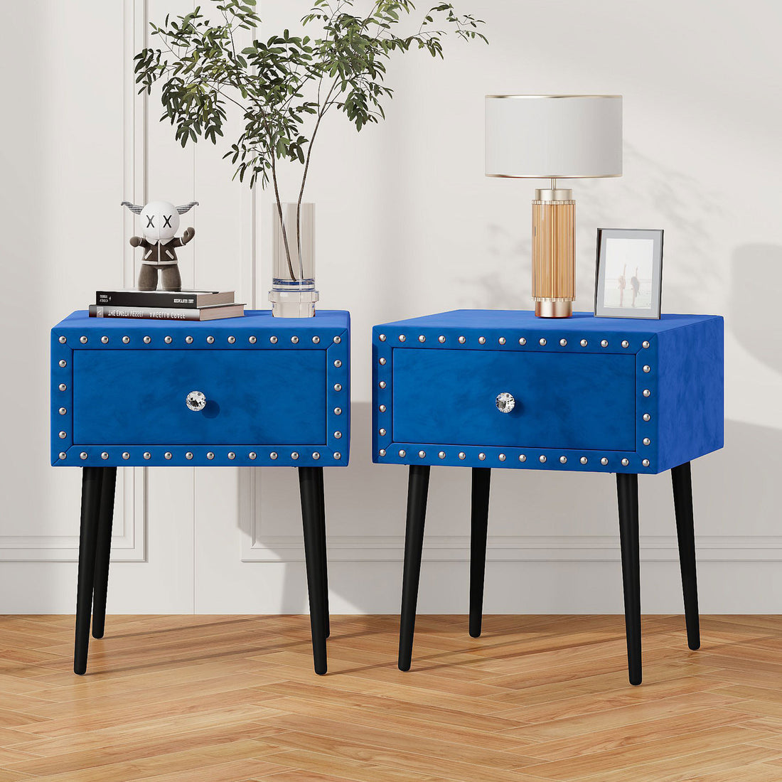 Modern Nightstands Set Of 2 With Drawer And Crystal Handle, Elegant Rivet Velvet Design Bedside Table For Bedroom, Blue Blue 1 Drawer Bedside Cabinet Mdf