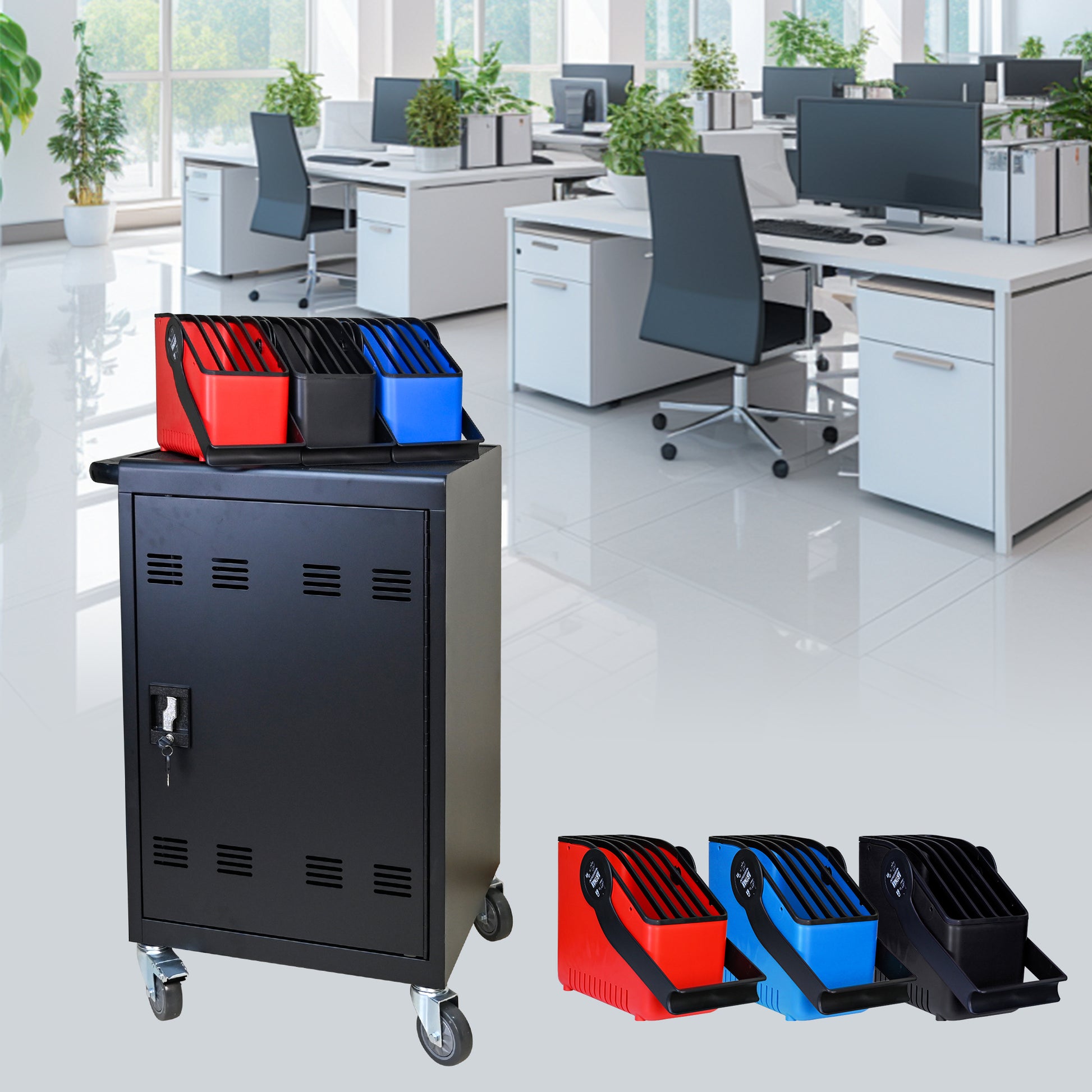 Tablet Laptop 32 Bit Plastic Device Basket Device For Mobile Charging Trolley Includes Cable Management Dividers, Cable Clips, Storage Compartment, And Removable Doors Black Matt Black Steel Metal