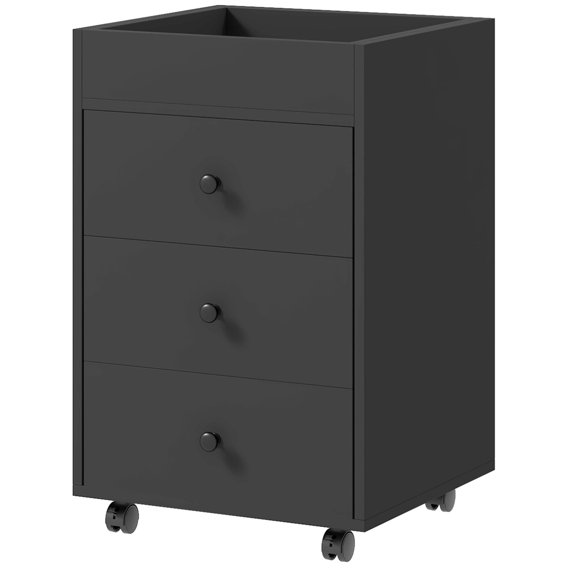 Homcom 3 Drawer Home Office Storage Cabinet, Office Drawer On Wheels With Removable Tray, Under Desk Printer Stand With Storage, Black Black Particle Board