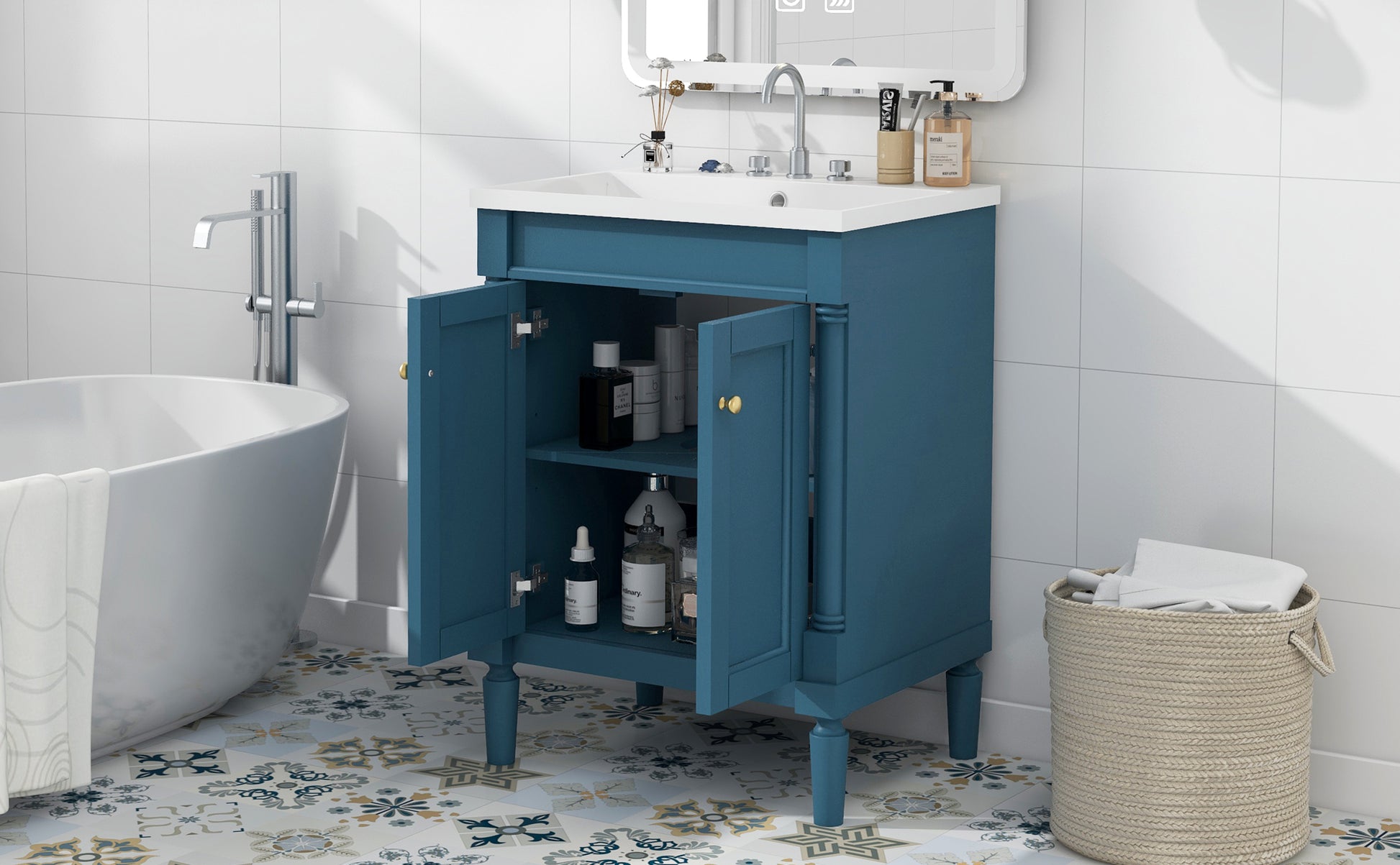 24'' Bathroom Vanity With Top Sink, 2 Tier Modern Bathroom Storage Cabinet, Single Sink Bathroom Vanity, Large Storage Shelves Blue 2 1 Adjustable Hinges Freestanding Modern Solid Wood Mdf Resin Painted