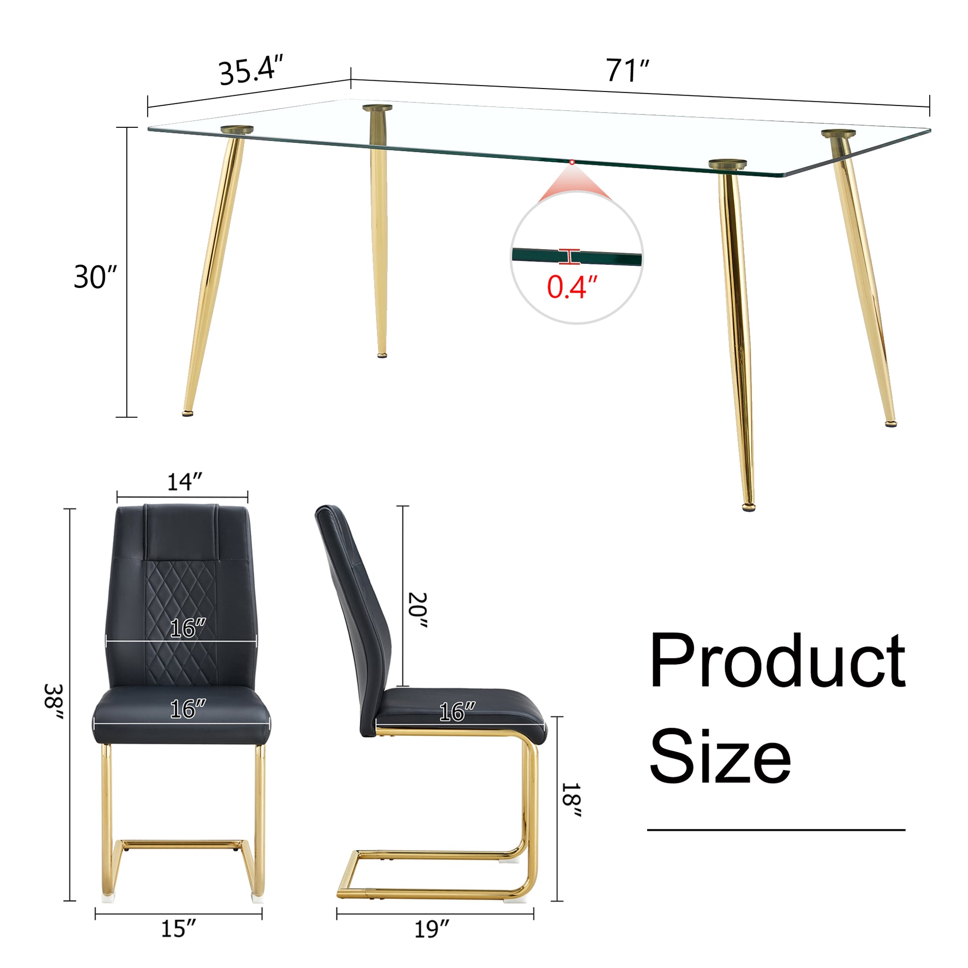 Table And Chair Set.Modern Rectangular Glass Dining Table With A Tempered Glass Tabletop And Metal Legs, Paired With Multiple Chairs Designed With Pu Cushions And Golden Metal Legs. Black Gold Seats 8 Tempered Glass