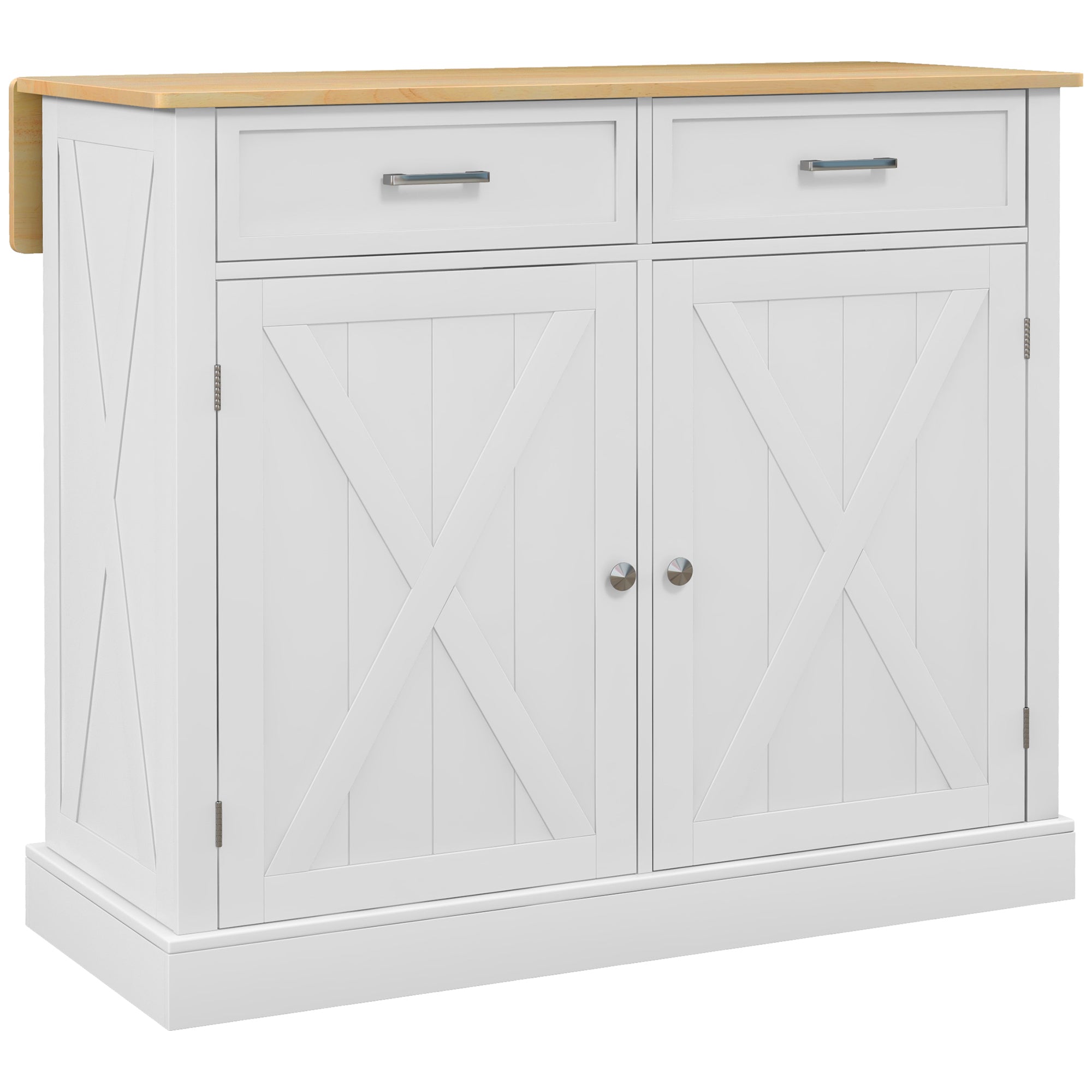 Homcom Rolling Kitchen Island With Drop Leaf Wood Breakfast Bar, Farmhouse Kitchen Cart With 2 Drawers, Adjustable Shelves For Dining Room, White White Rubber Wood