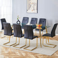 Table And Chair Set.Modern Rectangular Glass Dining Table With A Tempered Glass Tabletop And Metal Legs, Paired With Multiple Chairs Designed With Pu Cushions And Golden Metal Legs. Black Gold Seats 8 Tempered Glass