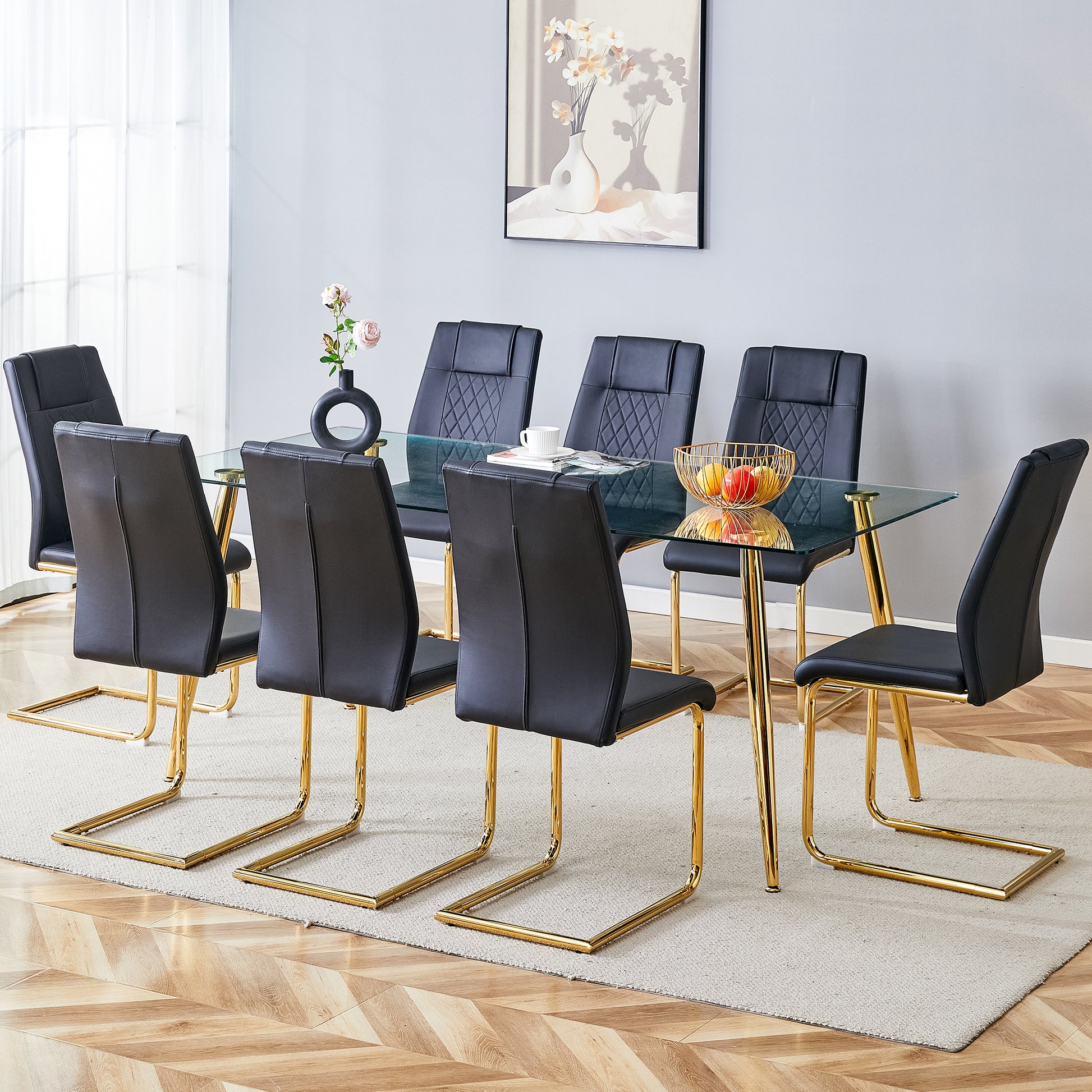 Table And Chair Set.Modern Rectangular Glass Dining Table With A Tempered Glass Tabletop And Metal Legs, Paired With Multiple Chairs Designed With Pu Cushions And Golden Metal Legs. Black Gold Seats 8 Tempered Glass