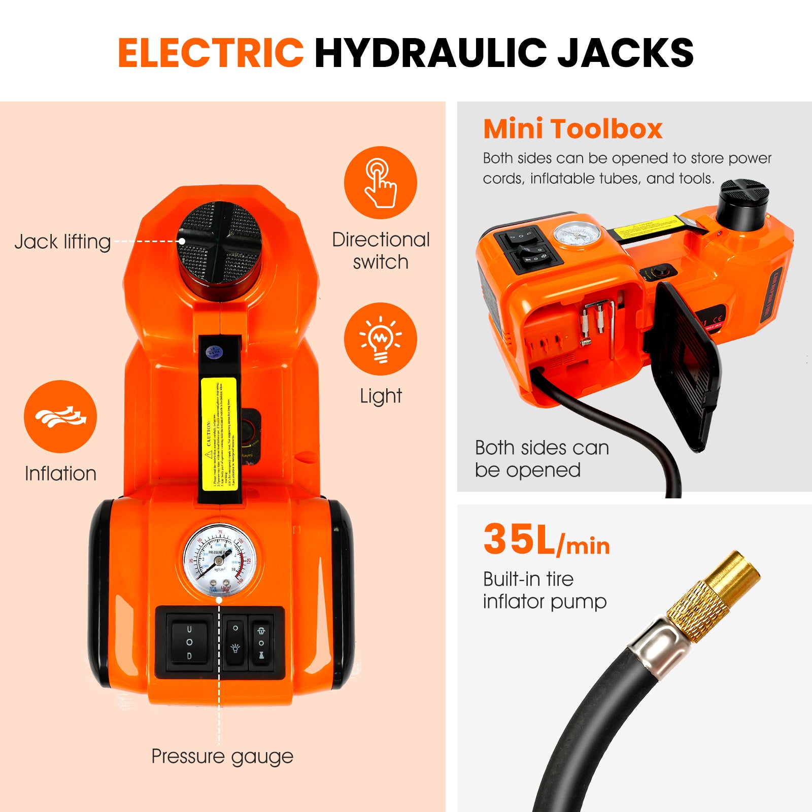 Electric Car Jack Kit,5 Ton 11023 Lbs Hydraulic Jack Lift With Electric Impact Wrench,Uilt In Inflatable Pump,And Led Light For Suv ,Mpv Sedan,Chrome Vanadium Steel Orange Abs Pc