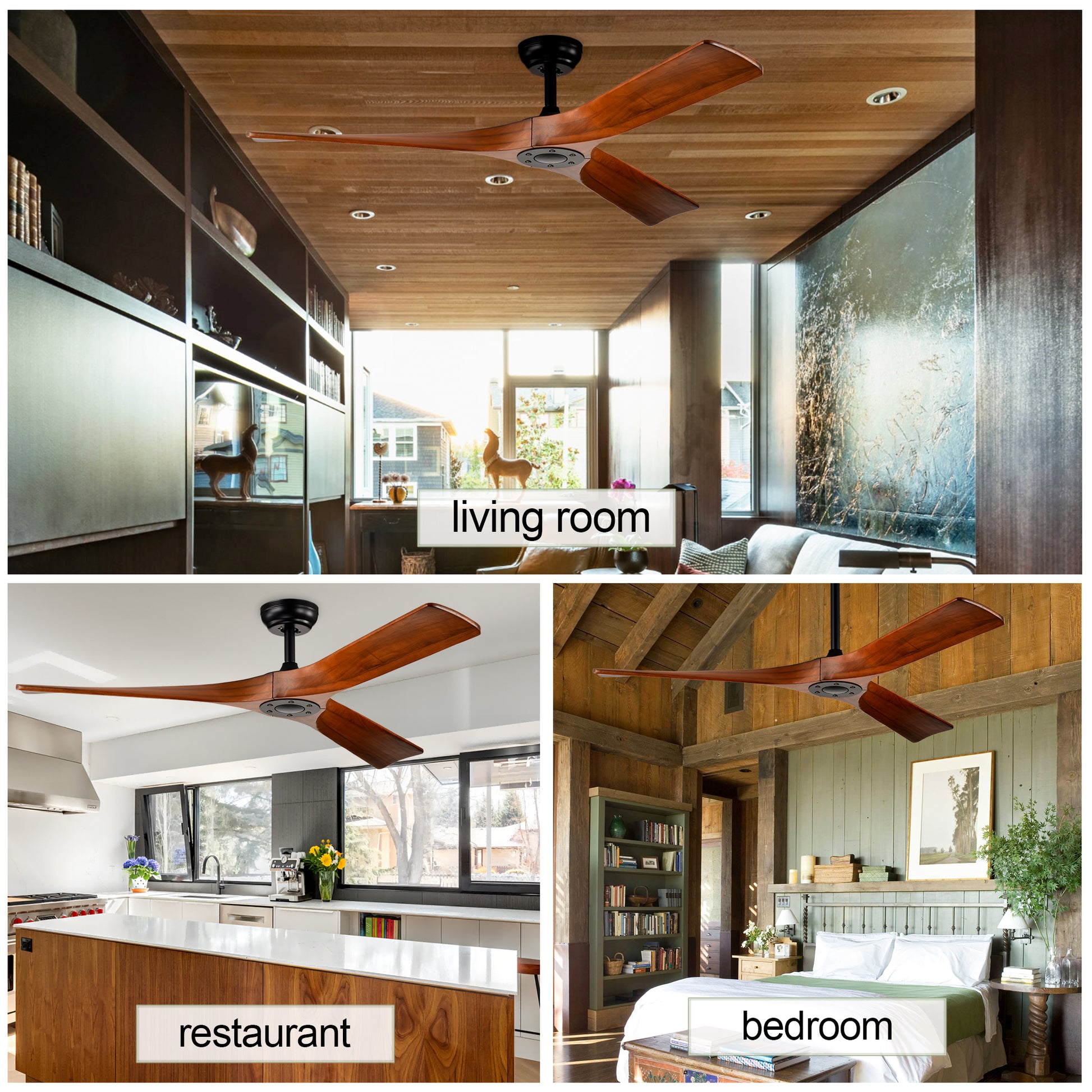 52" Ceiling Fan With Remote Control No Lights,Modern Reversible Dc Motor Indoor 3 Blades Ceiling Fans For Patio Bedroom Living Room Matte Black Wood Metal