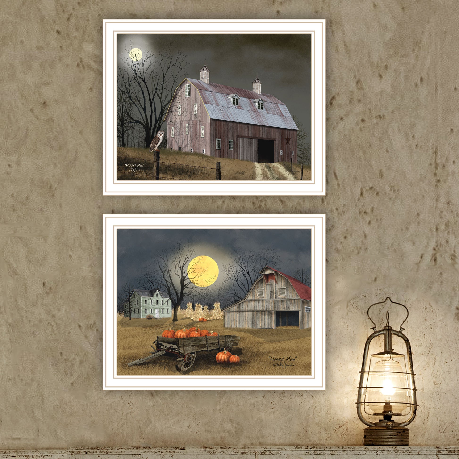 2 Piece Vignette Autumn Moonlit Nights White Framed Wall Art For Living Room, Bedroom Wall Art Print For Home Decor By Billy Jacobs Multicolor Wood Paper