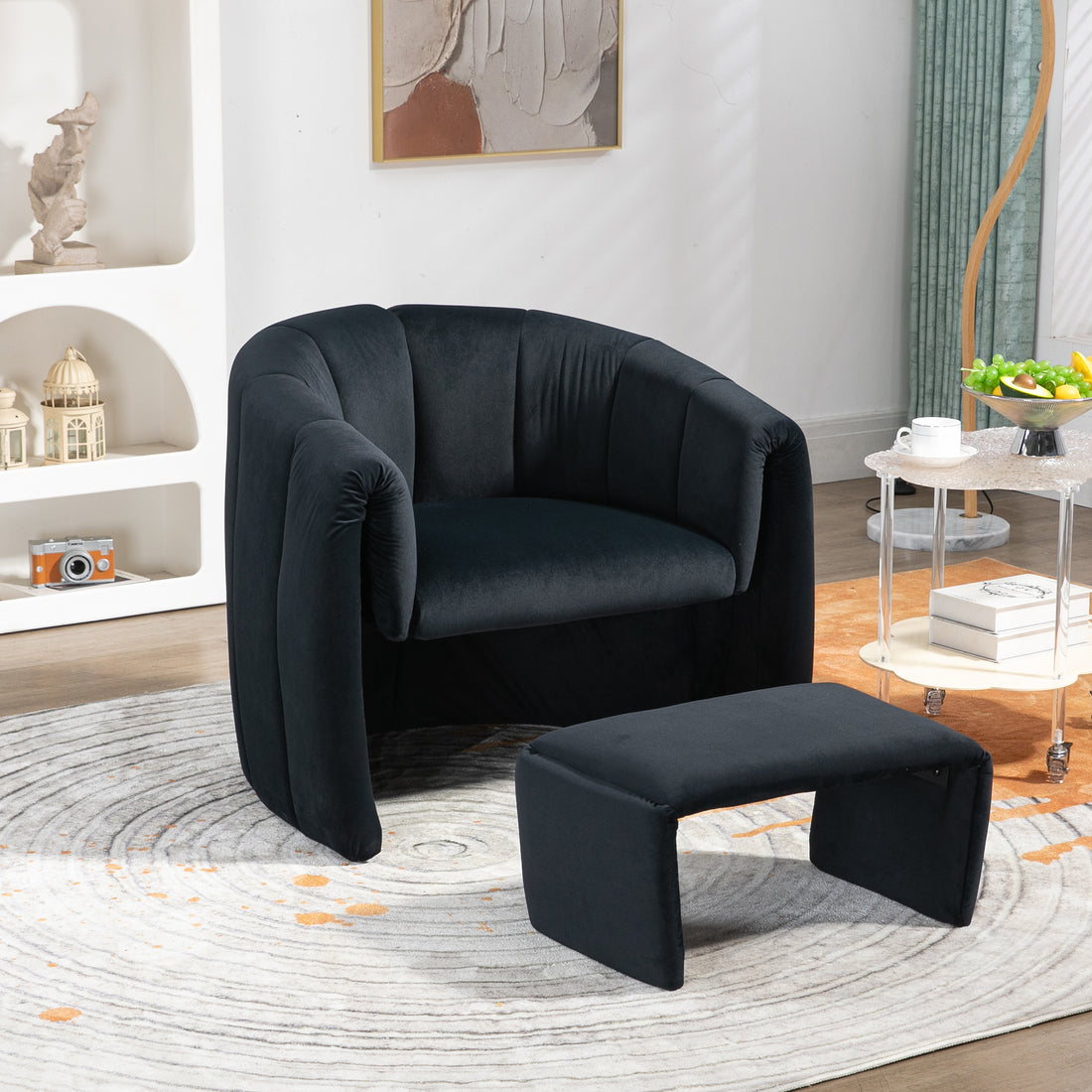 Coolmore Accent Chair With Ottoman, Mid Century Modern Barrel Chair Upholstered Club Tub Round Arms Chair For Living Room Bedroom Office Black Velvet Black Foam Velvet