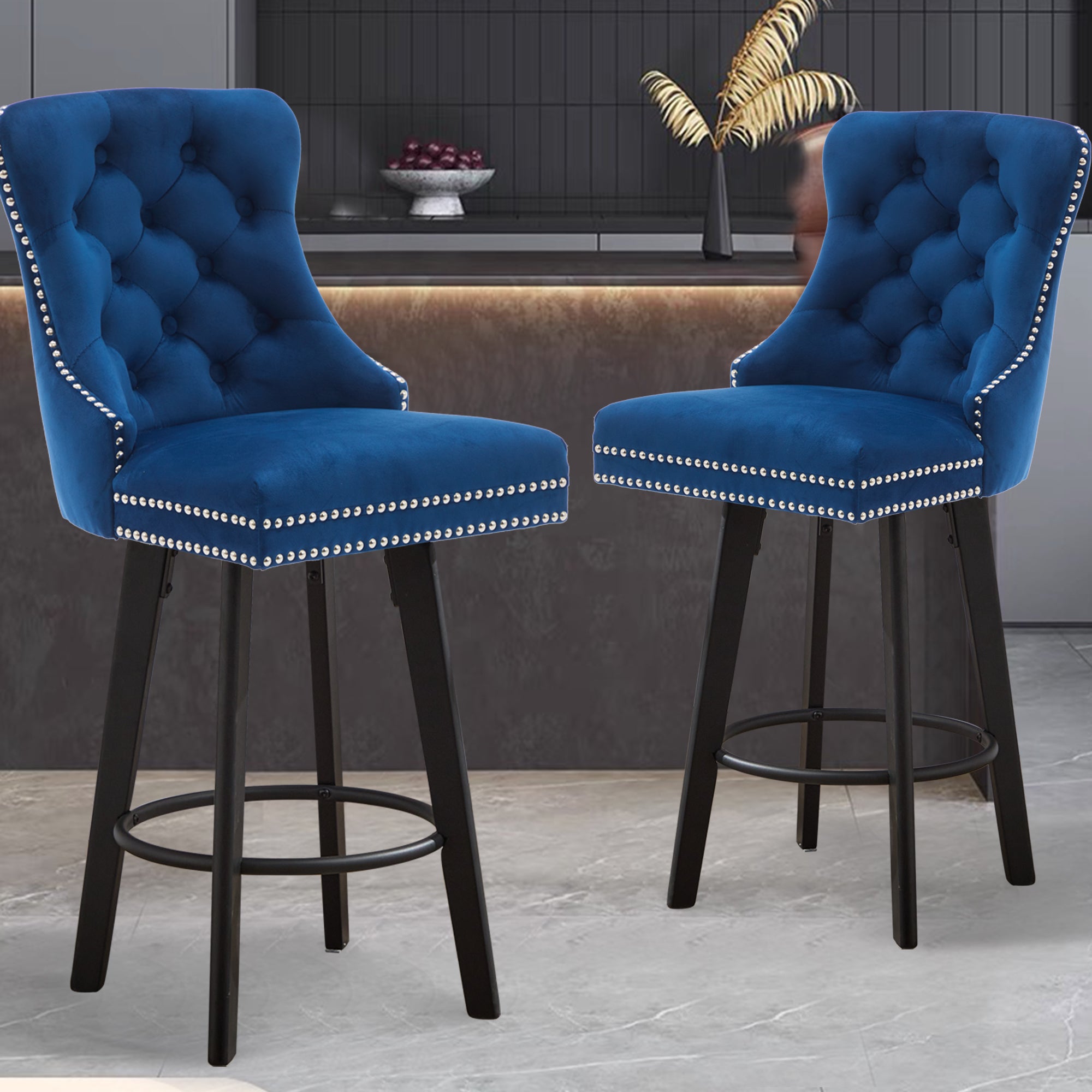 Modern Swivel Bar Stools Velvet Barstools Button Tufted Bar Stools Rivet Trim Bar Stools For Kitchen Island,Bistro, With Metal Pull Ring Sturdy Footrest Large Backrest For Home Bar,Navy Blue 2Pcs