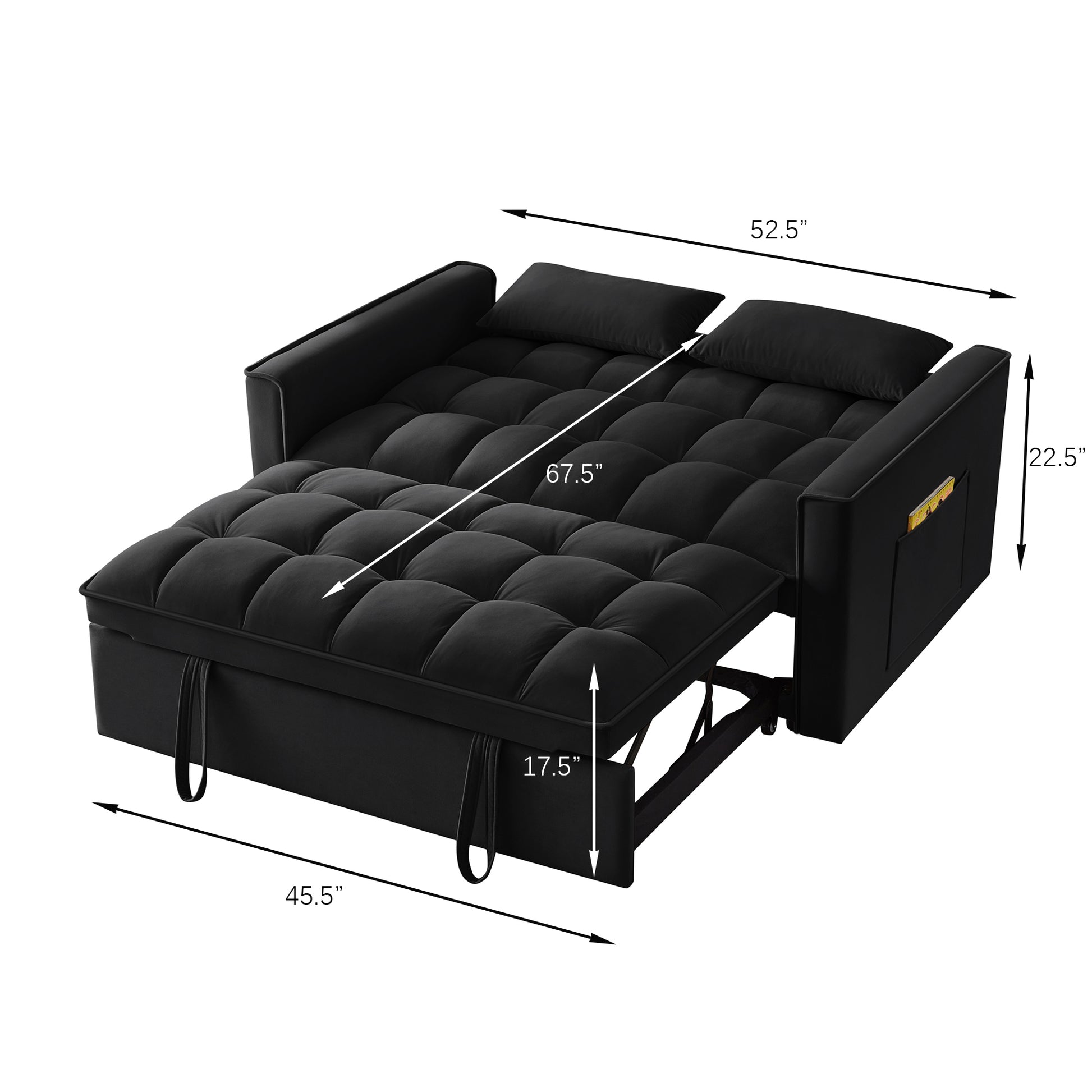 4 In1 Loveseat Sofa Bed With Armrests & Storage Pockets, Multi Function Tufted Pull Out Sofa Bed With Adjustable Backrest And Pillows, Convertible Loveseat Sofa Couch,Black Black Velvet Primary Living Space Medium Soft Tufted Back American